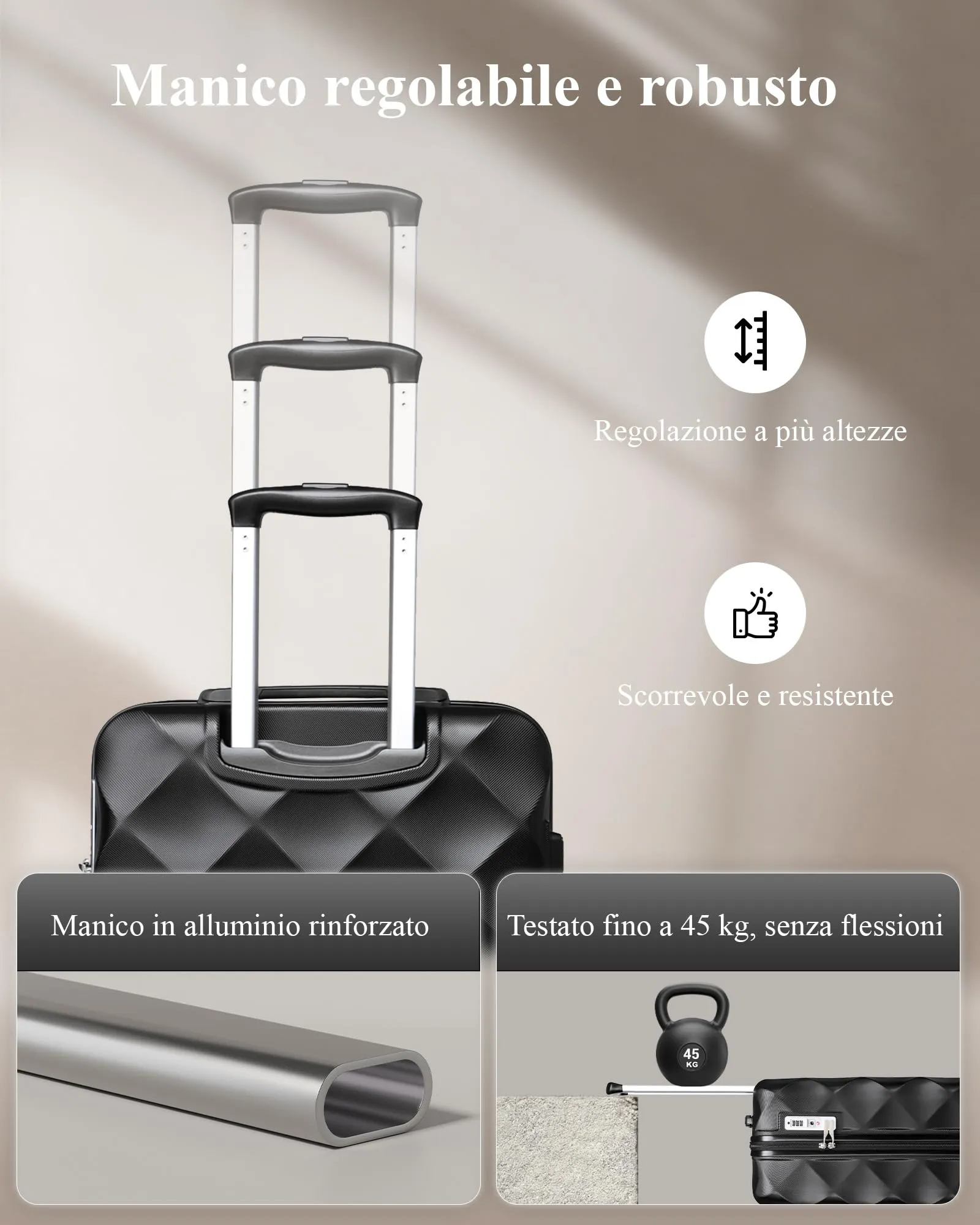 British Traveller Valigia 74,5CM Rigida ABS+PC 4 Ruote TSA Nero - immagine 5