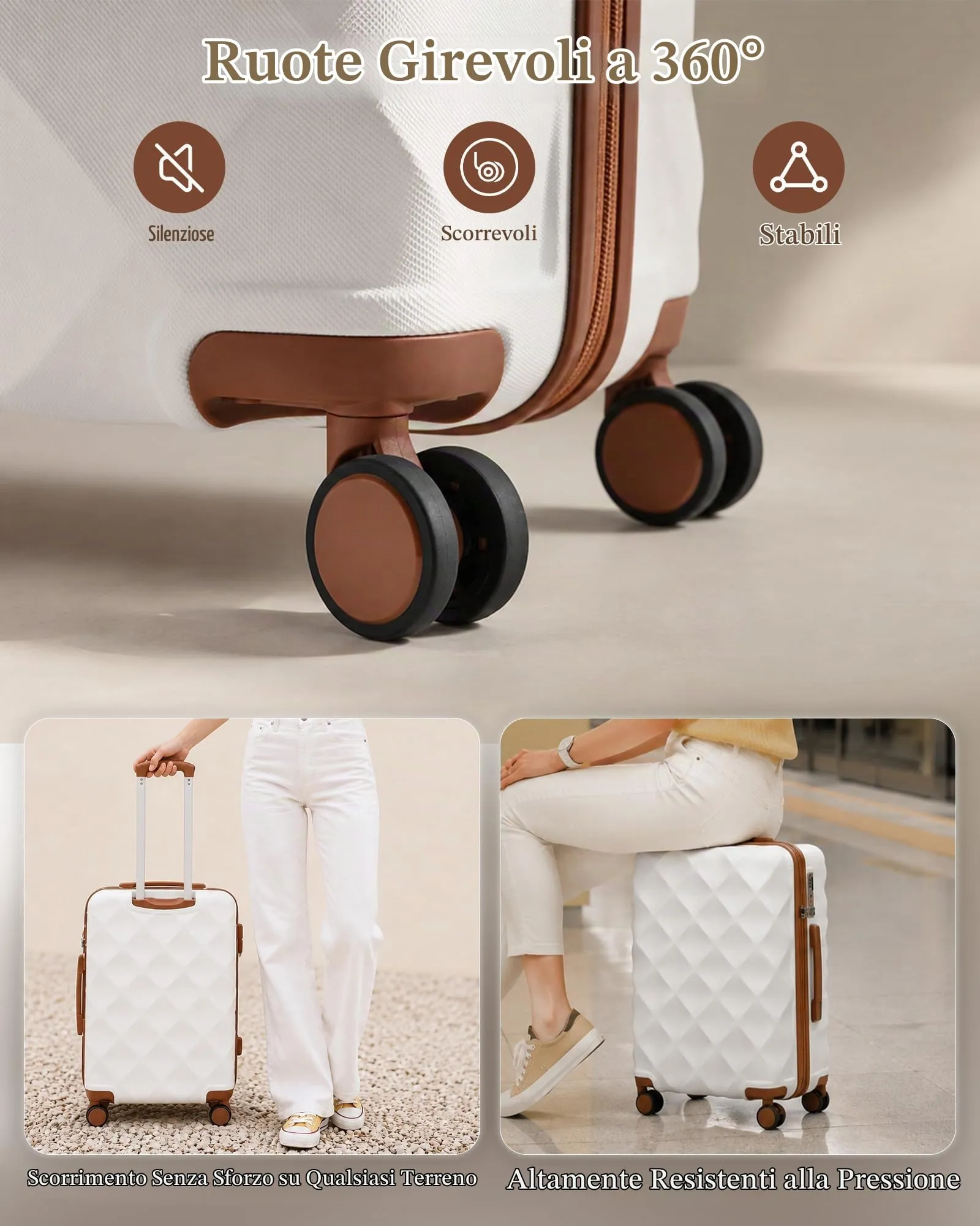 British Traveller Valigia 74,5CM Rigida ABS+PC 4 Ruote TSA Bianco - immagine 4