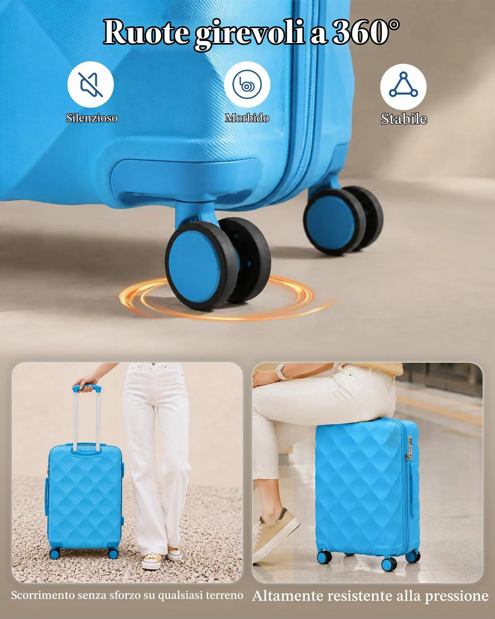 British Traveller Valigia 74,5CM Rigida ABS+PC 4 Ruote TSA Azzurro - immagine 4
