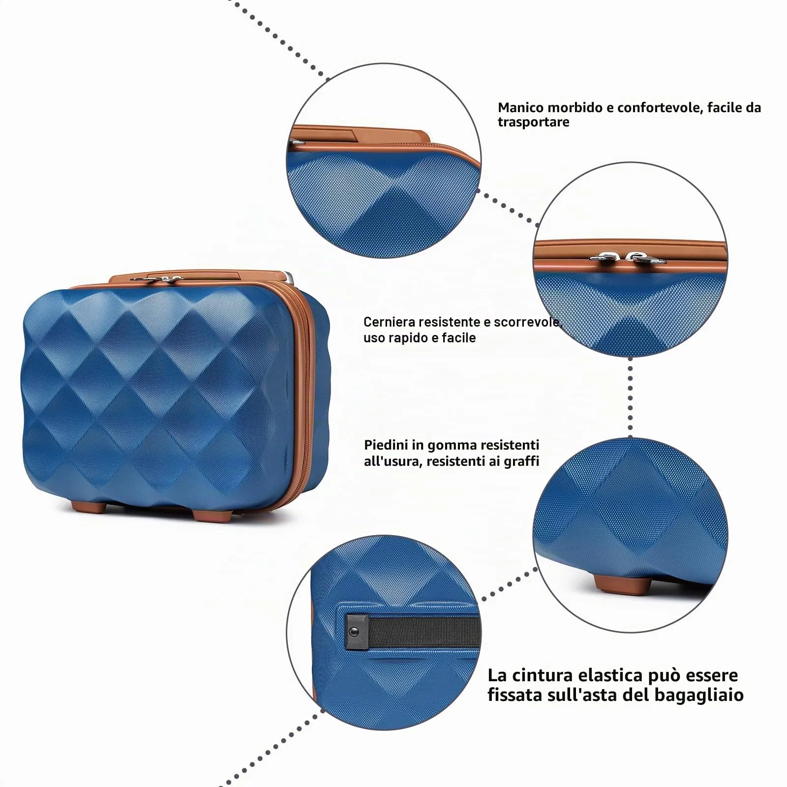 British Traveller Beauty Case 31x25x17,2cm Valigia Trolley Rigida Leggero Borsa da Toilette (13pollici, Blu/Marrone) - immagine 2