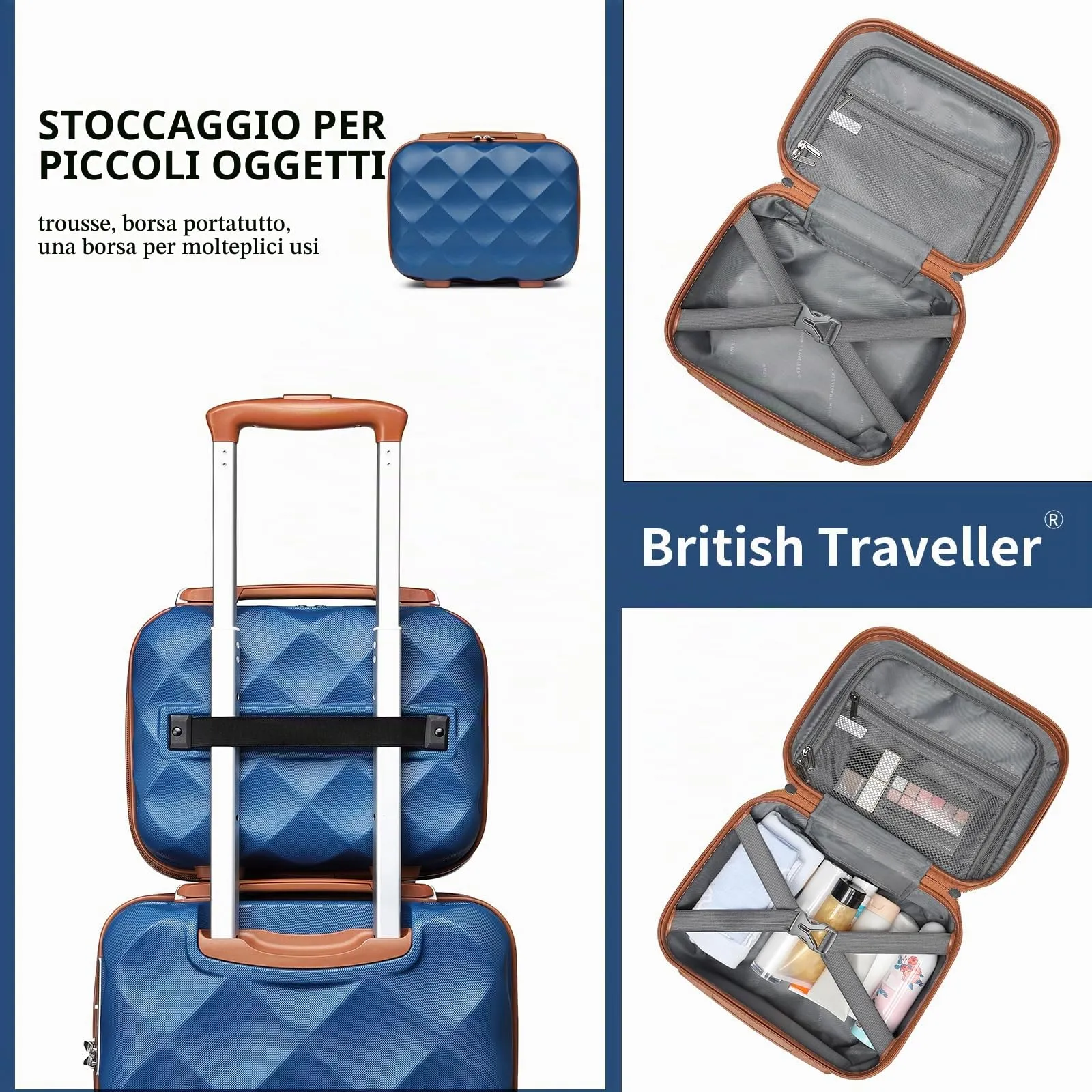 British Traveller Beauty Case 31x25x17,2cm Valigia Trolley Rigida Leggero Borsa da Toilette (13pollici, Blu/Marrone) - immagine 5