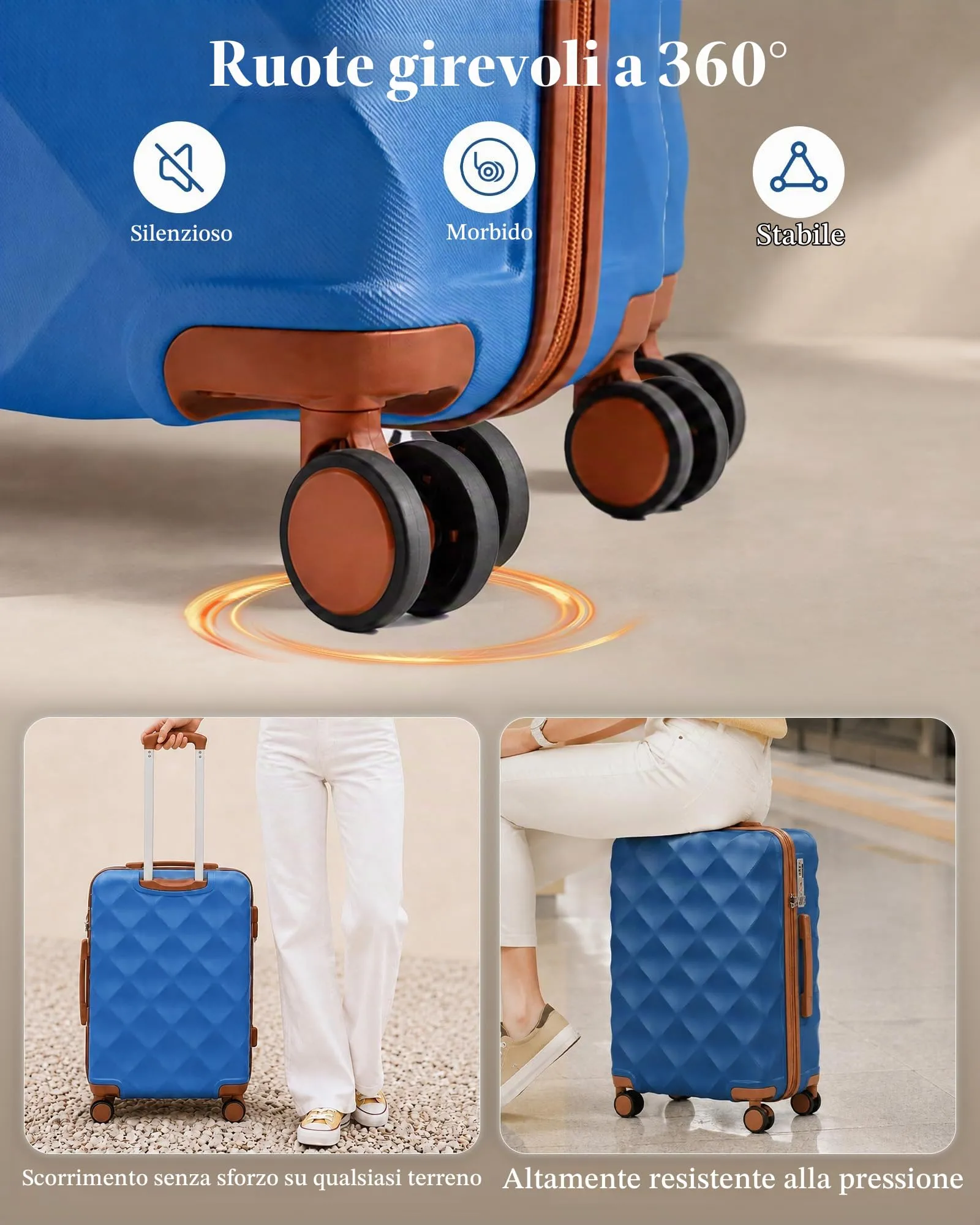 British Traveller Valigia 64cm Medium Rigida ABS+PC 4 Ruote TSA Blu/Marrone - immagine 4