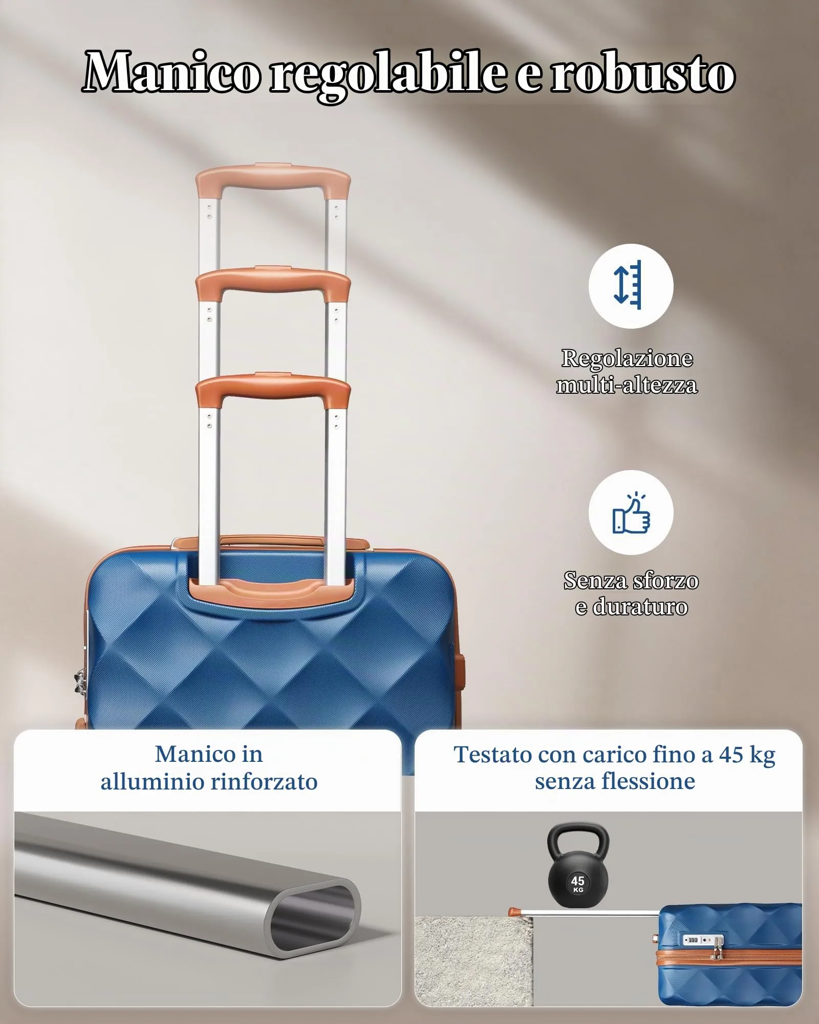British Traveller Valigia 64cm Medium Rigida ABS+PC 4 Ruote TSA Blu/Marrone - immagine 5