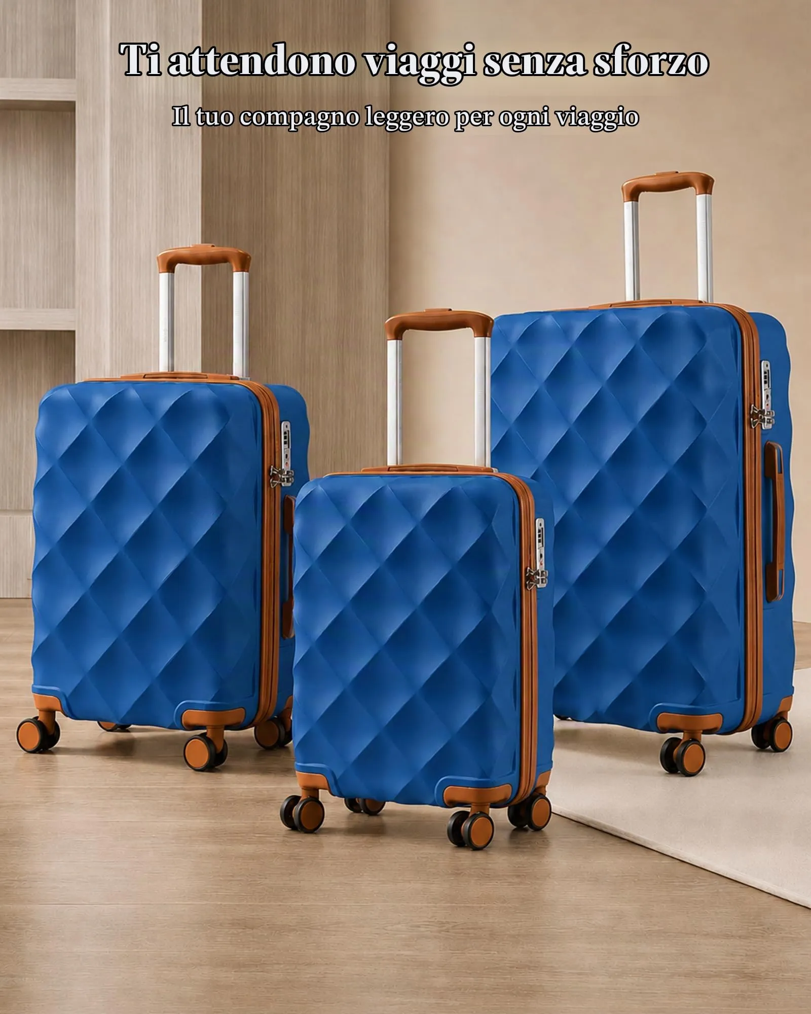 British Traveller Valigia 64cm Medium Rigida ABS+PC 4 Ruote TSA Blu/Marrone - immagine 6