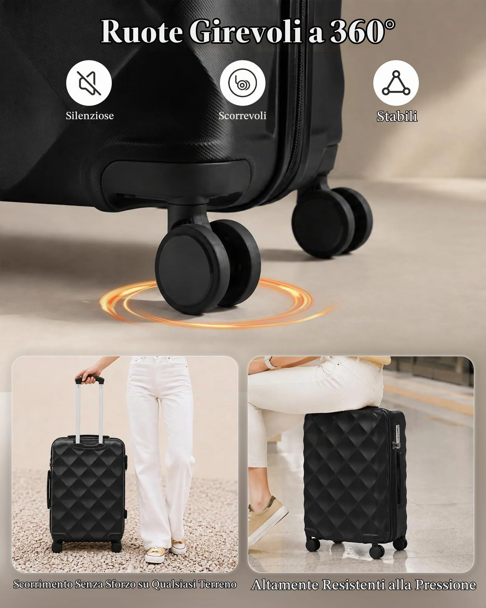 British Traveller Valigia 54CM Rigida ABS+PC 4 Ruote TSA Nero - immagine 2