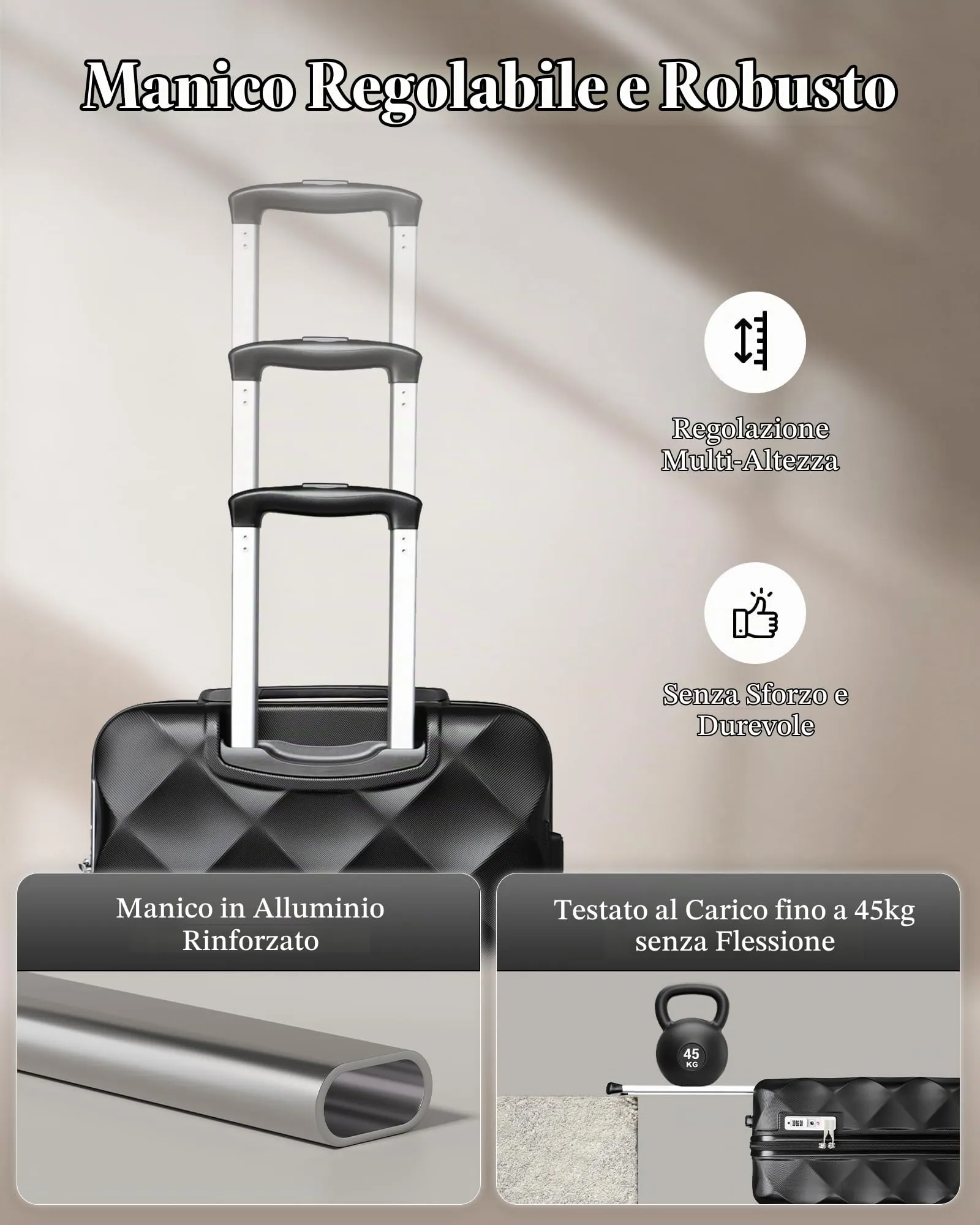 British Traveller Valigia 54CM Rigida ABS+PC 4 Ruote TSA Nero - immagine 3