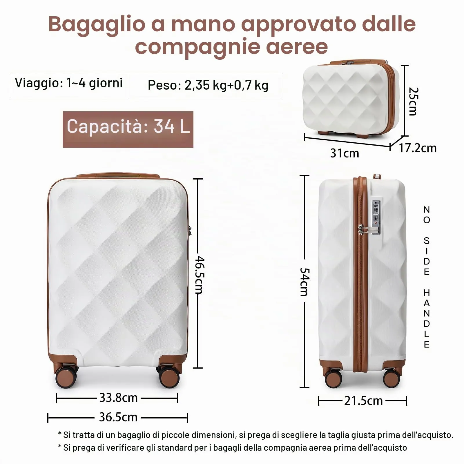 British Traveller Set di 2 Valige 31/54CM Valigia Trolley Rigida ABS+PC con Rotelle Girevoli e TSA Lucchetto (13+20pollici, Bianco) - immagine 2