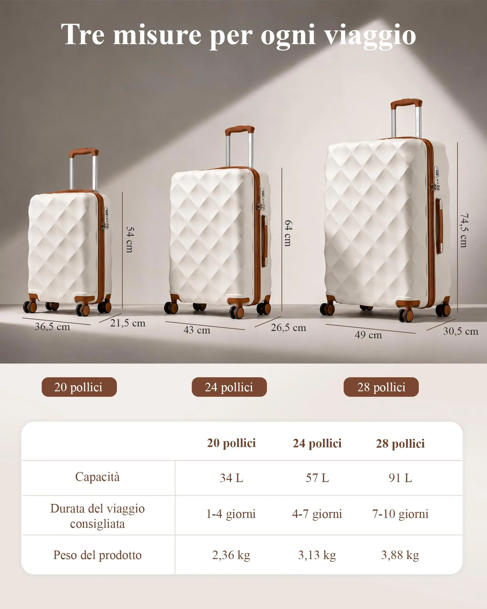 British Traveller Valigia 54CM Rigida ABS+PC 4 Ruote TSA Bianco - immagine 3
