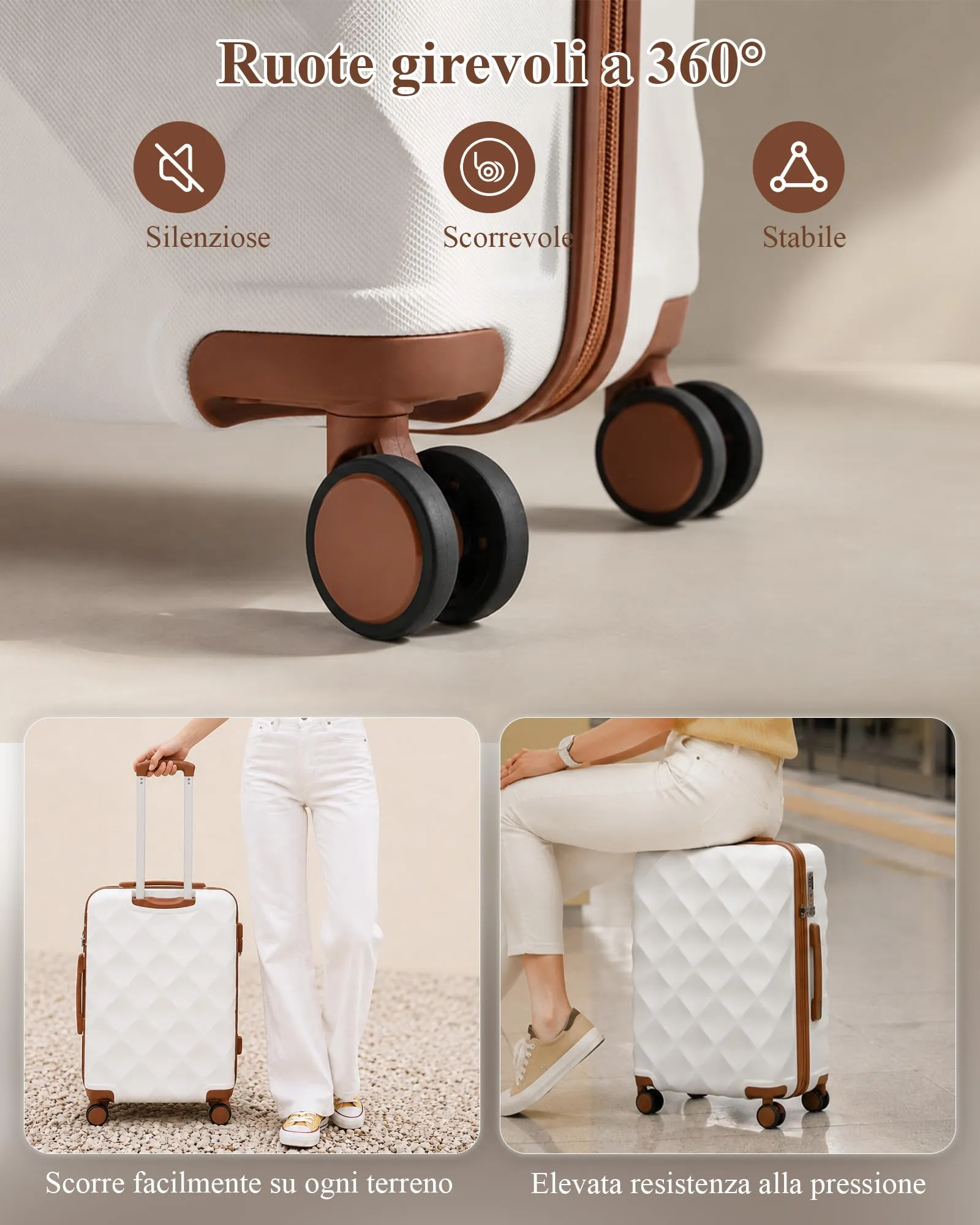 British Traveller Valigia 54CM Rigida ABS+PC 4 Ruote TSA Bianco - immagine 5