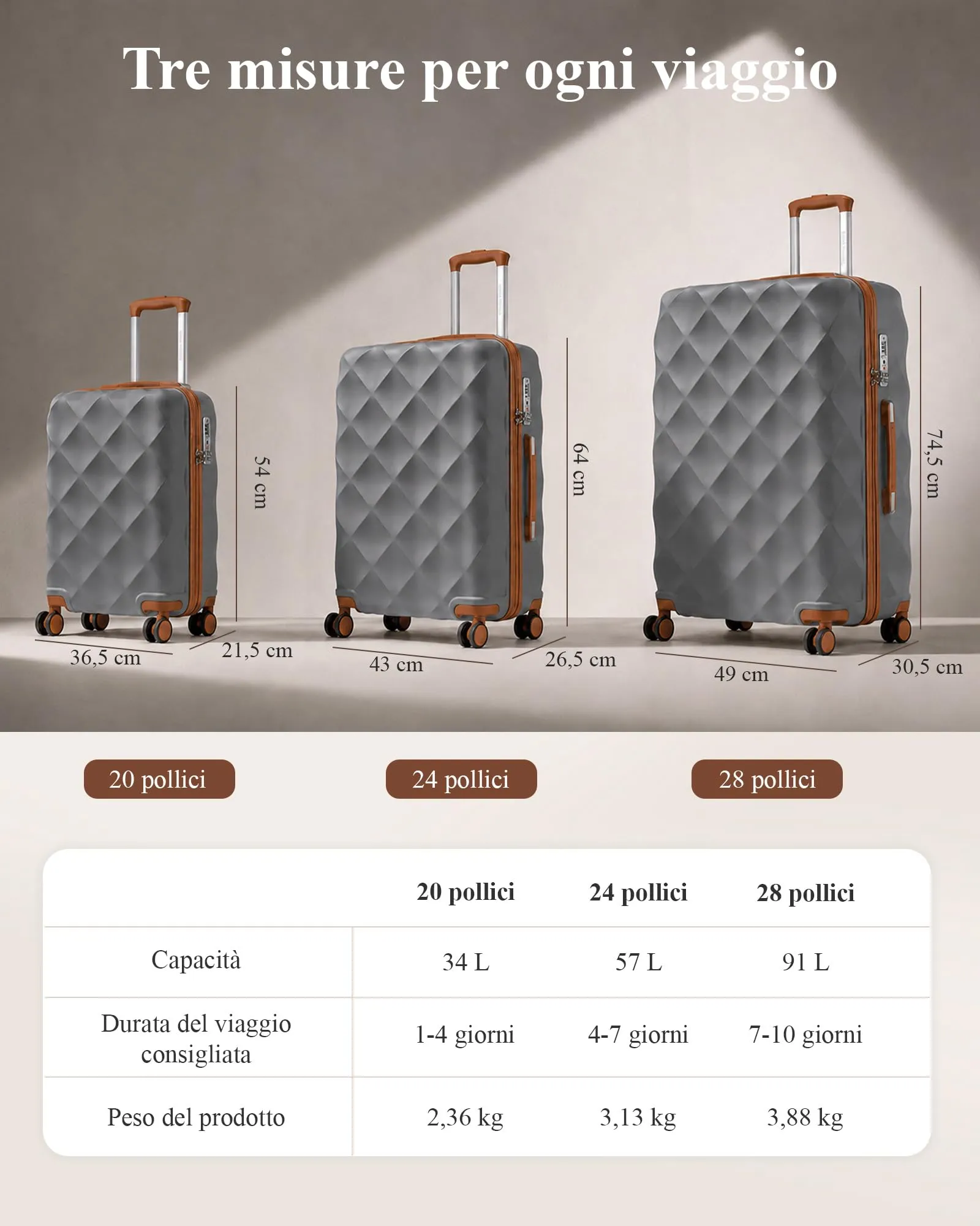 British Traveller Valigia 54CM Rigida ABS+PC 4 Ruote TSA Grigio/Marrone - immagine 3