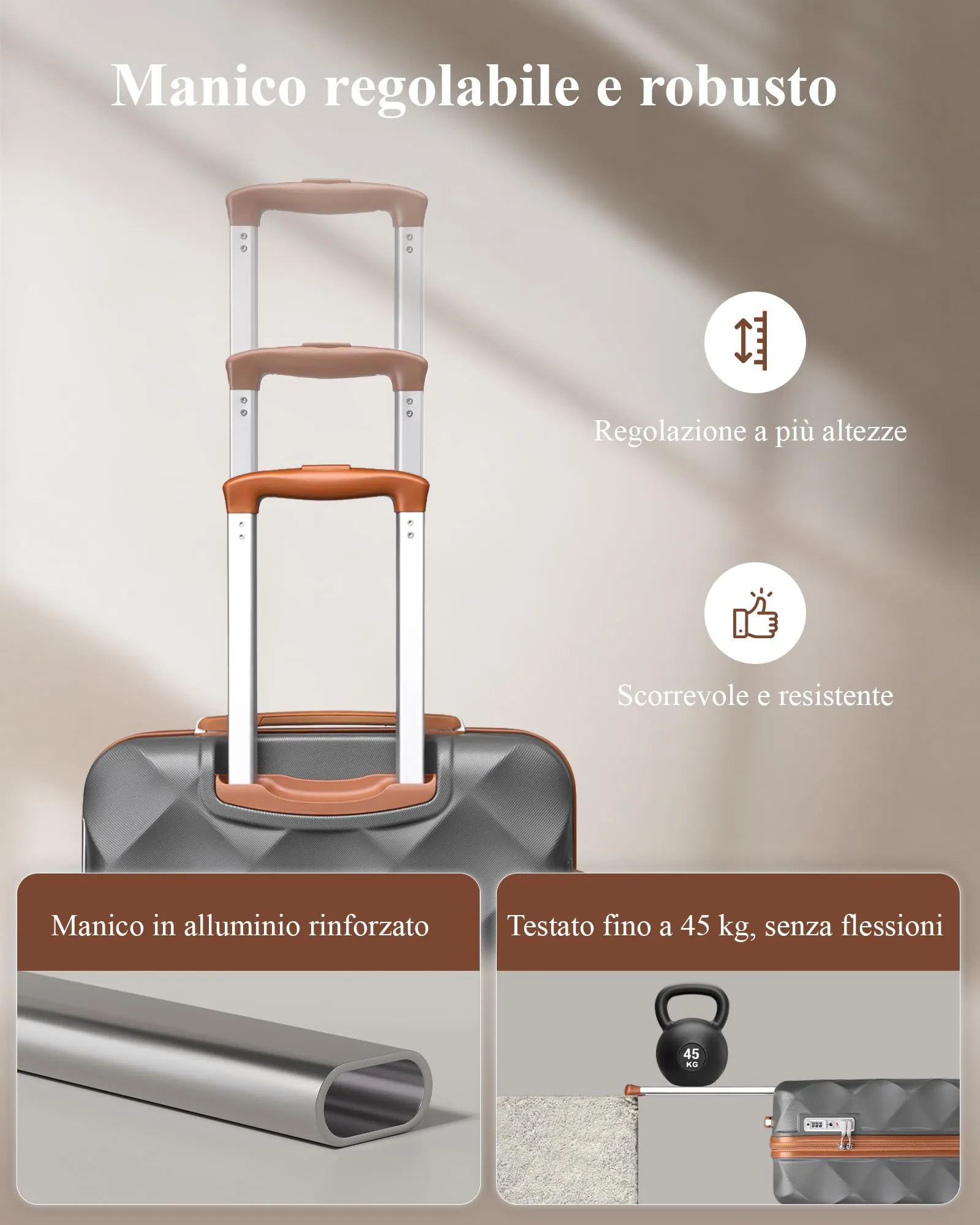 British Traveller Valigia 54CM Rigida ABS+PC 4 Ruote TSA Grigio/Marrone - immagine 4