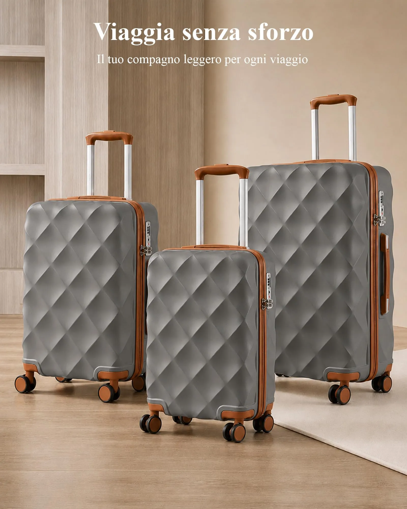 British Traveller Valigia 54CM Rigida ABS+PC 4 Ruote TSA Grigio/Marrone - immagine 6