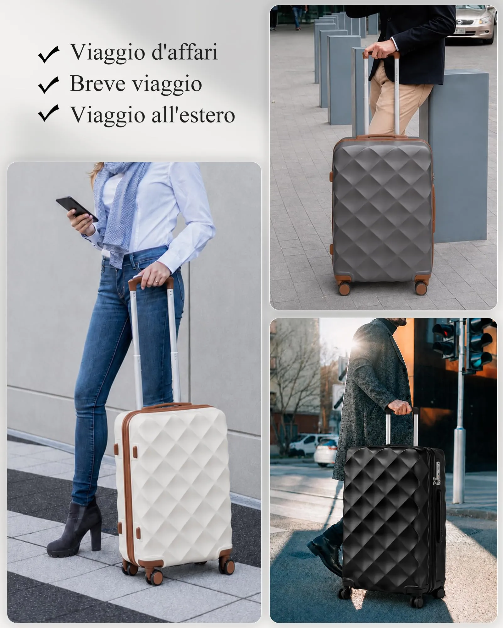 British Traveller Valigia 54CM Rigida ABS+PC 4 Ruote TSA Grigio/Marrone - immagine 7