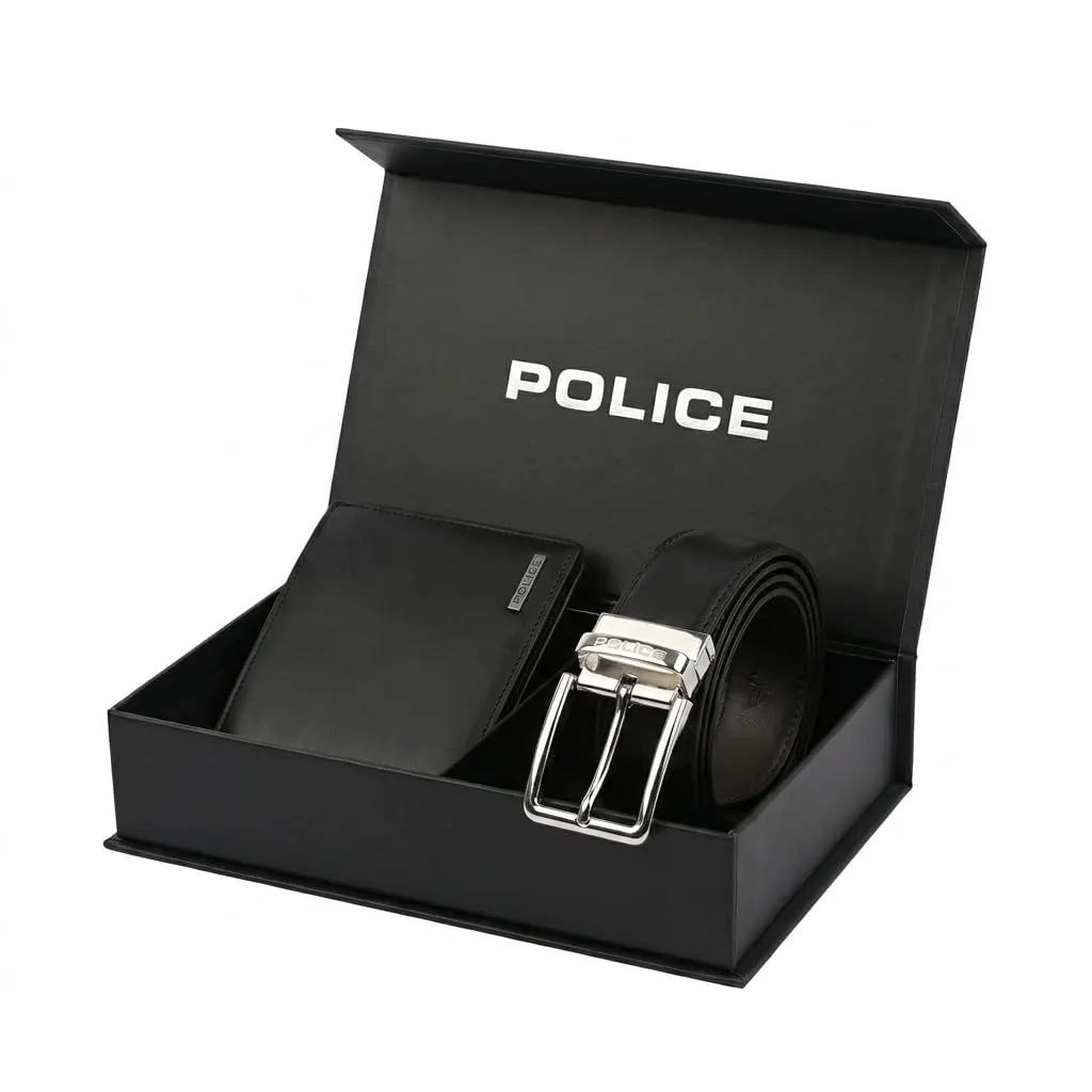 Police Cofanetto Regalo Uomo, Portafoglio e Cintura Reversibile Nero/Marrone in Vera Pelle - immagine 1