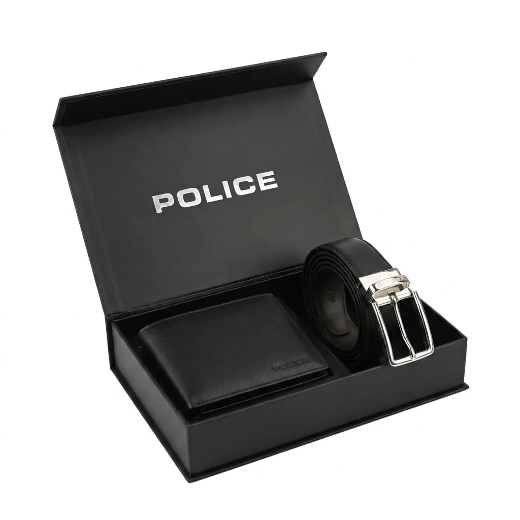 Police Cofanetto Regalo Uomo, Set Portafoglio Classico e Cintura Reversibile, Vera Pelle Nero/Marrone, Accorciabile - immagine 1
