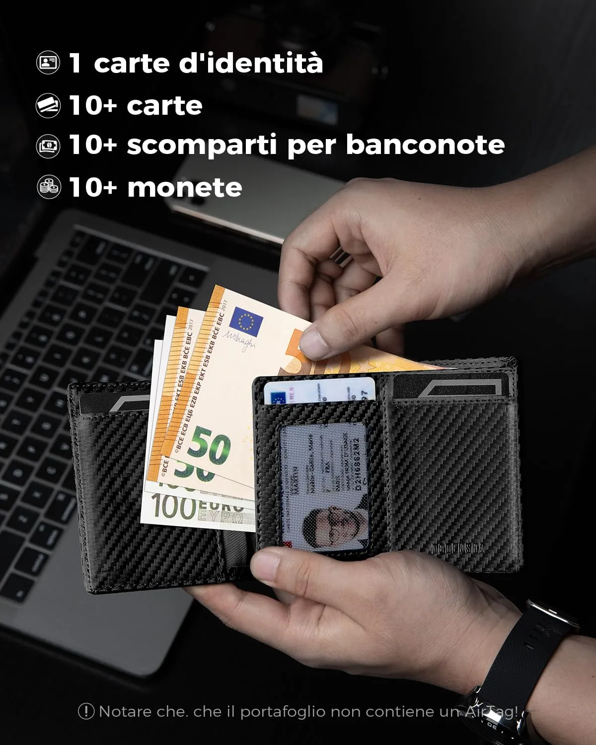 DODENSHA Airtag Wallet Portafoglio da uomo Smart Airtag con scomparto per monete, protezione RFID e capacità per oltre 10 carte di credito, design MagSnap (carbonio) - immagine 2