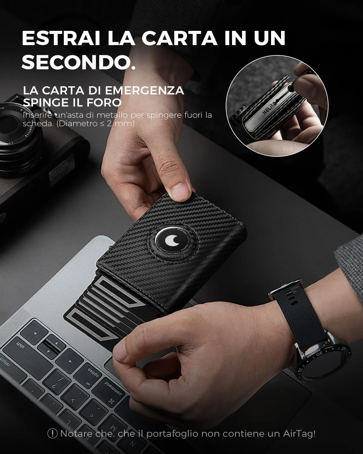 DODENSHA Airtag Wallet Portafoglio da uomo Smart Airtag con scomparto per monete, protezione RFID e capacità per oltre 10 carte di credito, design MagSnap (carbonio) - immagine 3