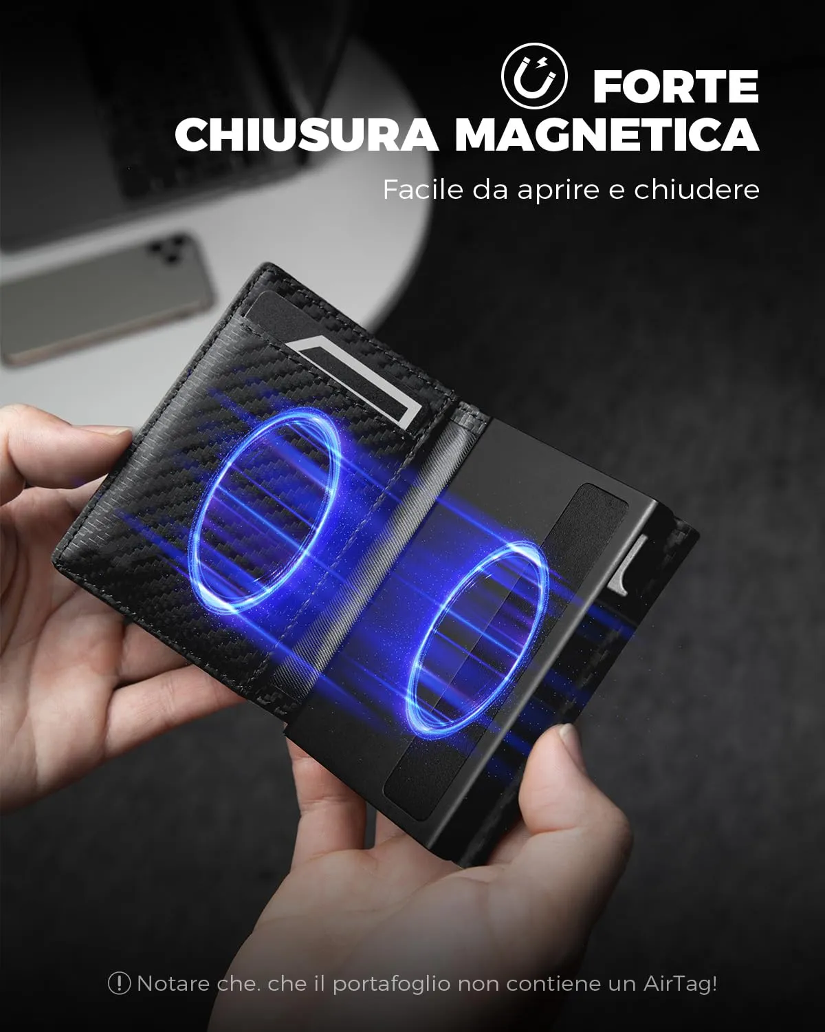 DODENSHA Airtag Wallet Portafoglio da uomo Smart Airtag con scomparto per monete, protezione RFID e capacità per oltre 10 carte di credito, design MagSnap (carbonio) - immagine 4