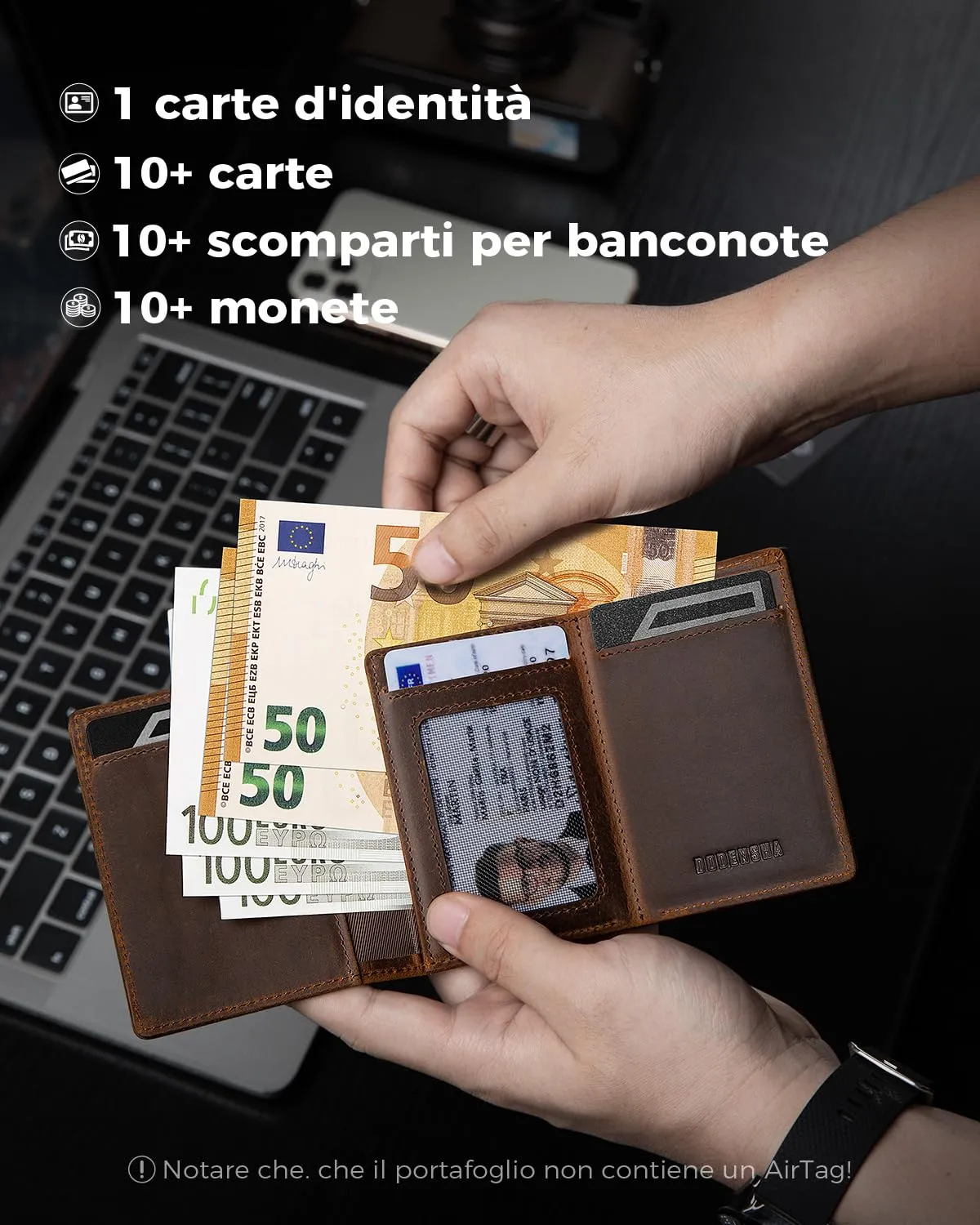 DODENSHA Airtag Wallet Portafoglio da uomo Smart Airtag con scomparto per monete, protezione RFID e capacità per oltre 10 carte di credito, design MagSnap (Marrone rossastro) - immagine 2