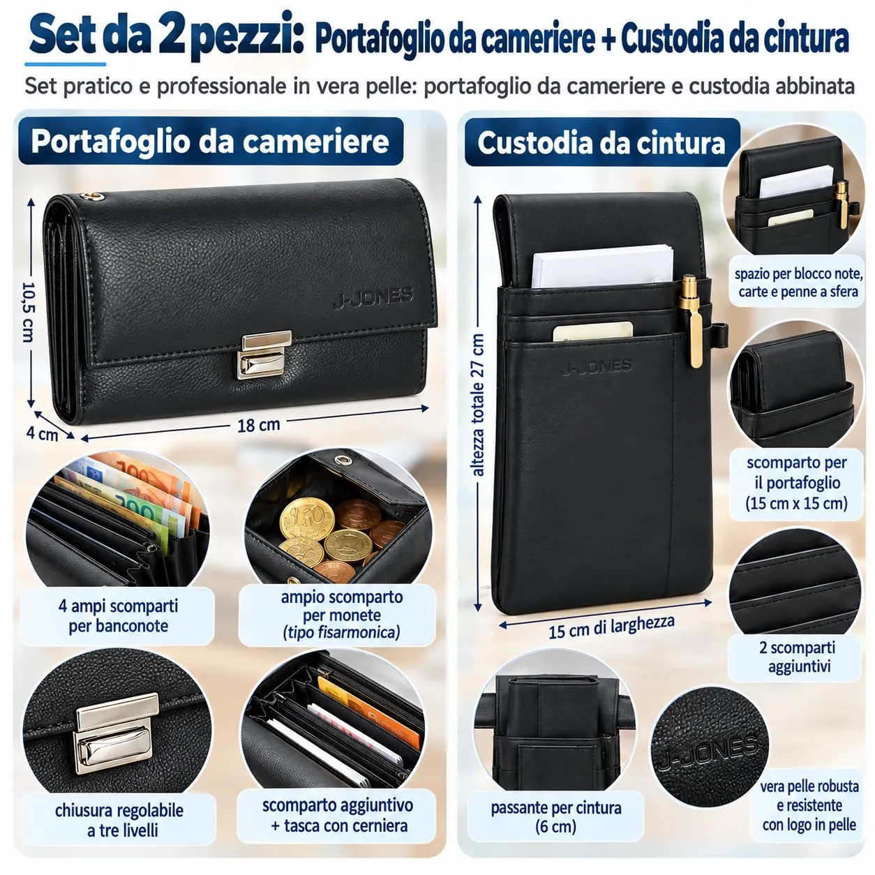 J.JONES - Set 2 Pezzi Portafoglio Cameriere in Pelle con Custodia Cintura - immagine 4