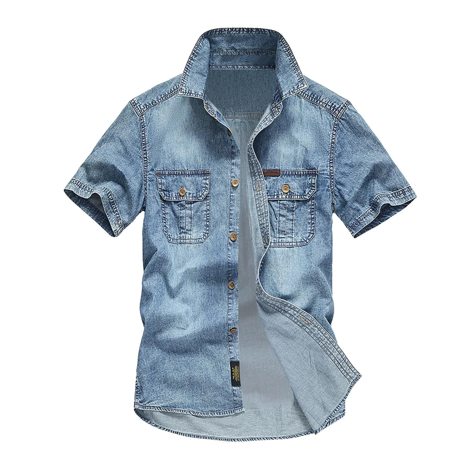 Duohropke Jeans da uomo, a maniche corte, estiva, in denim, a maniche corte, con bottoni a pressione, per uomo, blu chiaro, grigio scuro, vestibilità normale, look usato, camicia a maniche corte, BU3, - immagine 3