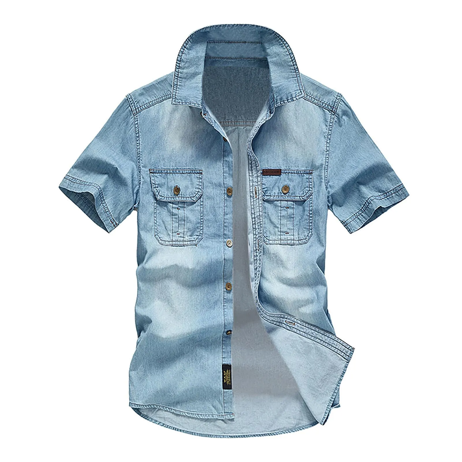 Duohropke Camicia in Jeans da Uomo a Maniche Corte, Camicia in Denim a Maniche Corte con Bottoni a Pressione, Camicie Jeans per Uomini, Blu Chiaro, Grigio Scuro, Vestibilità Regular, Look Usurato - immagine 3