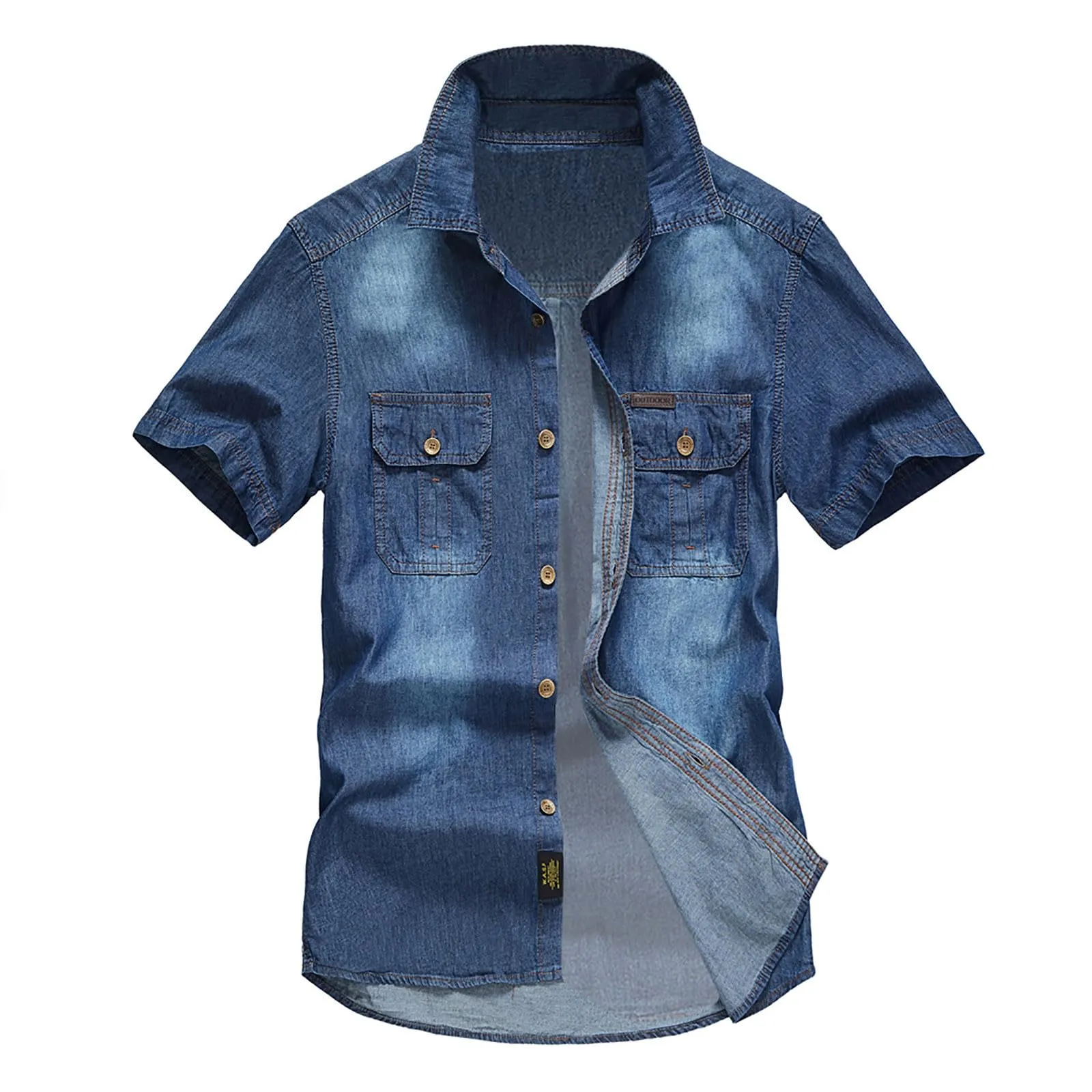 Duohropke Camicia in Jeans da Uomo a Maniche Corte, Camicia in Denim a Maniche Corte con Bottoni a Pressione, Camicie Jeans per Uomini, Blu Chiaro, Grigio Scuro, Vestibilità Regular, Look Usurato - immagine 3