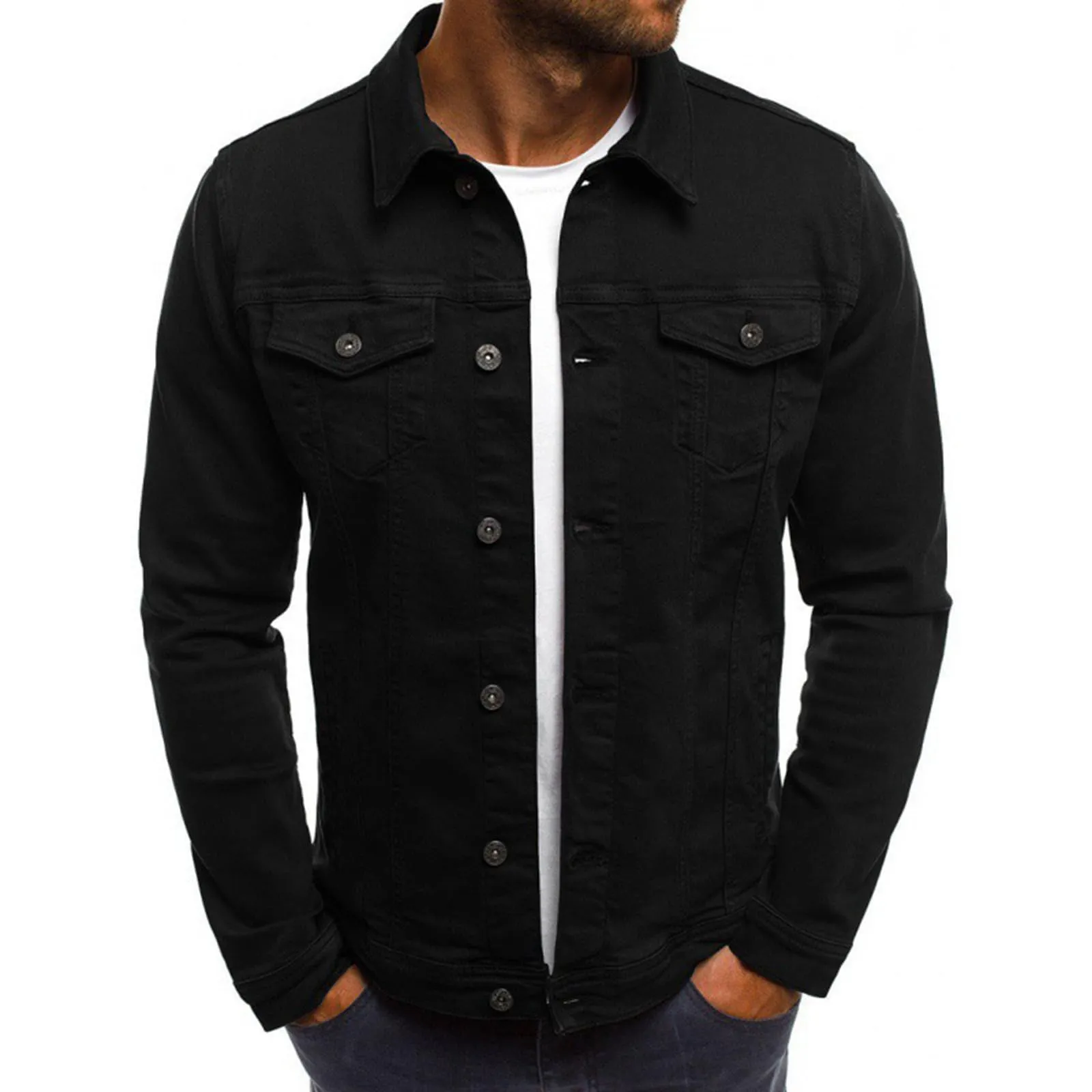 Duohropke Camicia da Uomo in Denim, a Maniche Lunghe, con Tasche, Stile Sfrangiato, Slim Fit, Denim Top, Camicia di Jeans, Camicetta da Uomo, Regular Fit, Nero , L - immagine 2