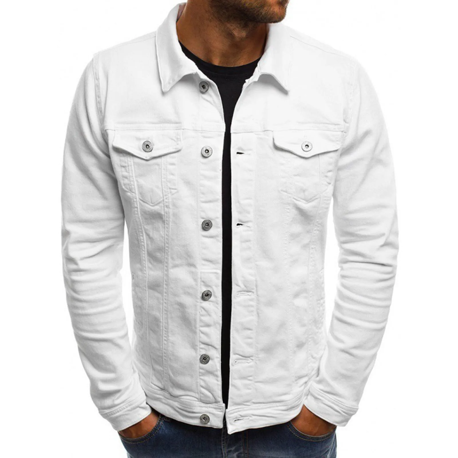 Duohropke Camicia da Uomo in Denim, a Maniche Lunghe, con Tasche, Stile Svasato, con Tasche, Camicia di Jeans, Camicia da Uomo, Vestibilità Normale, Camicia di Jeans a Maniche Lunghe, bianco, M - immagine 1