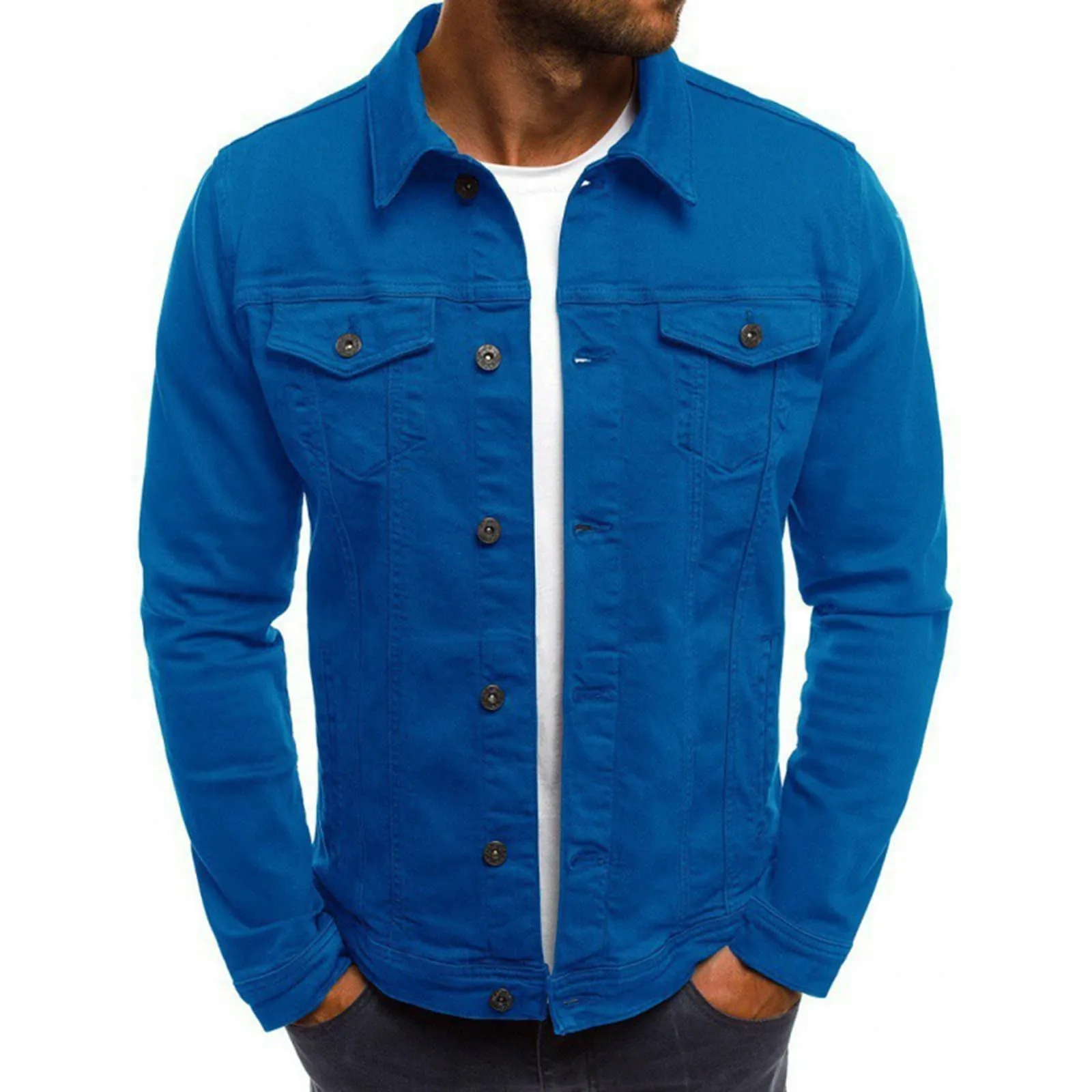 Duohropke Camicia da Uomo in Denim, a Maniche Lunghe, con Tasche, Stile Sfrangiato, Slim Fit, Denim Top, Camicia di Jeans, Camicetta da Uomo, Regular Fit, BU1, XL - immagine 2