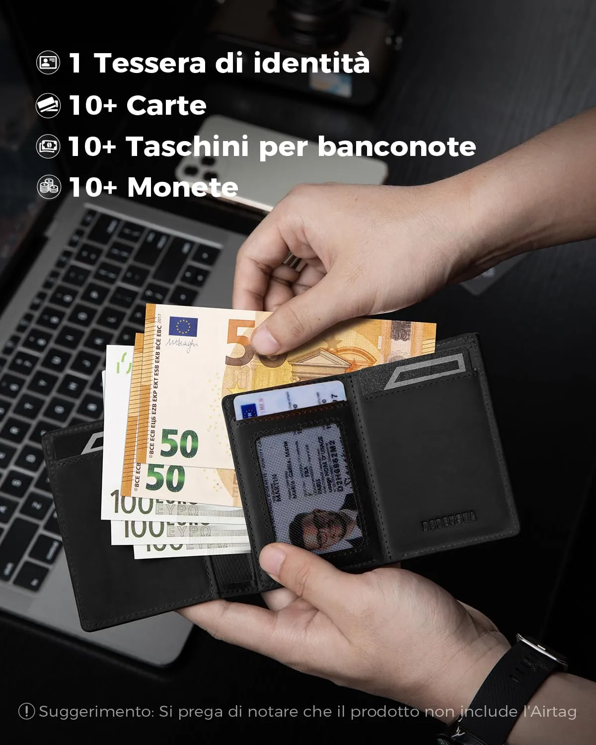 DODENSHA Airtag Wallet Portafoglio da uomo Smart Airtag con scomparto per monete, protezione RFID e capacità per oltre 10 carte di credito, design MagSnap (Nero) - immagine 3