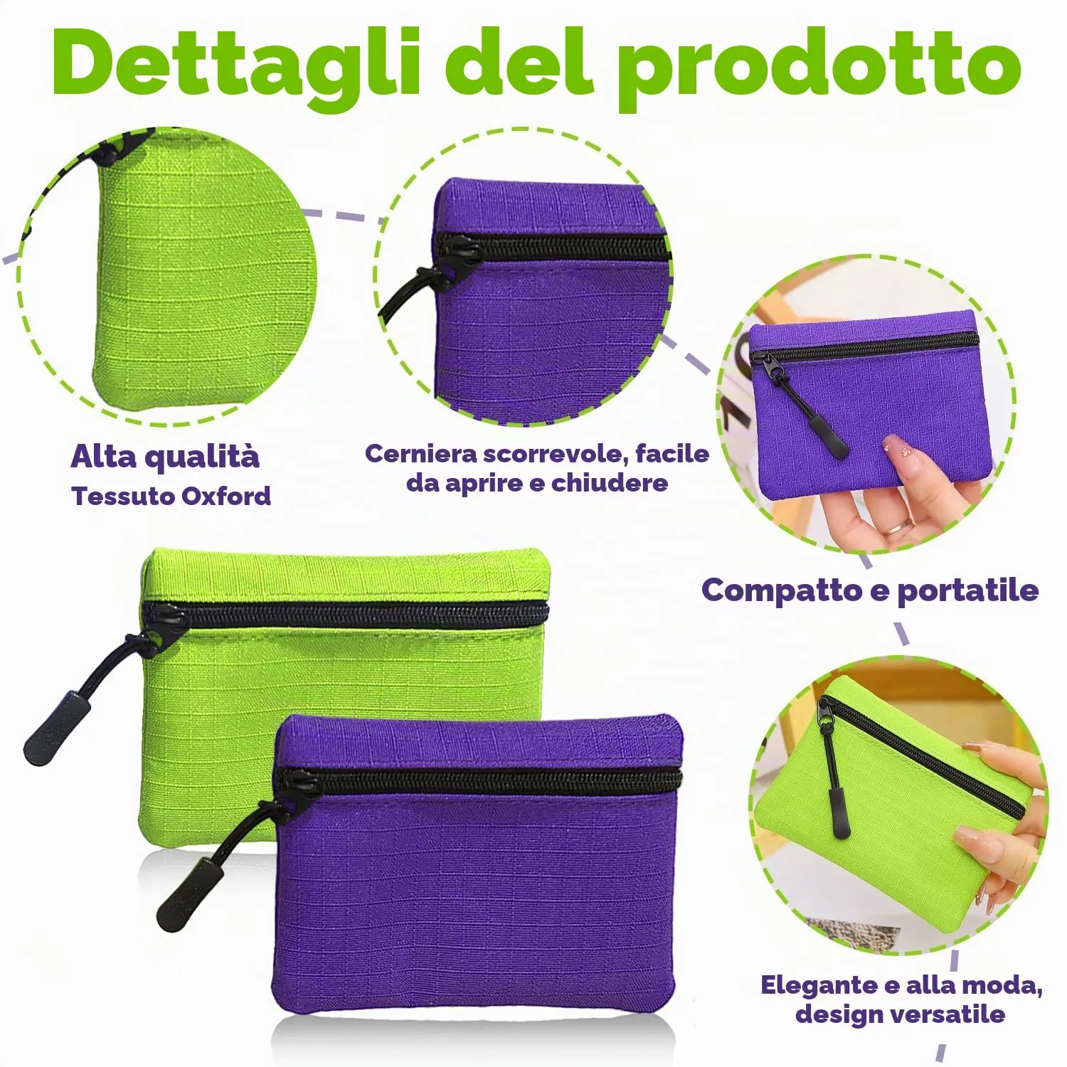 2 Pezzi Portamonete Con Cerniera Oxford Tessuto - Piccolo Mini Portatile per Donna Uomo Bambina Ragazzi (Viola+Verde) - immagine 3