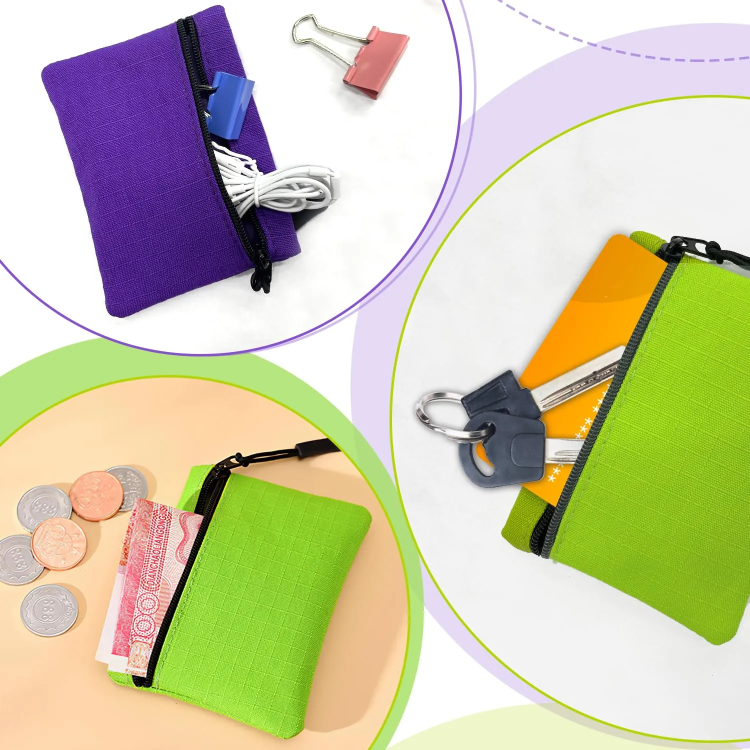 2 Pezzi Portamonete Con Cerniera Oxford Tessuto - Piccolo Mini Portatile per Donna Uomo Bambina Ragazzi (Viola+Verde) - immagine 6