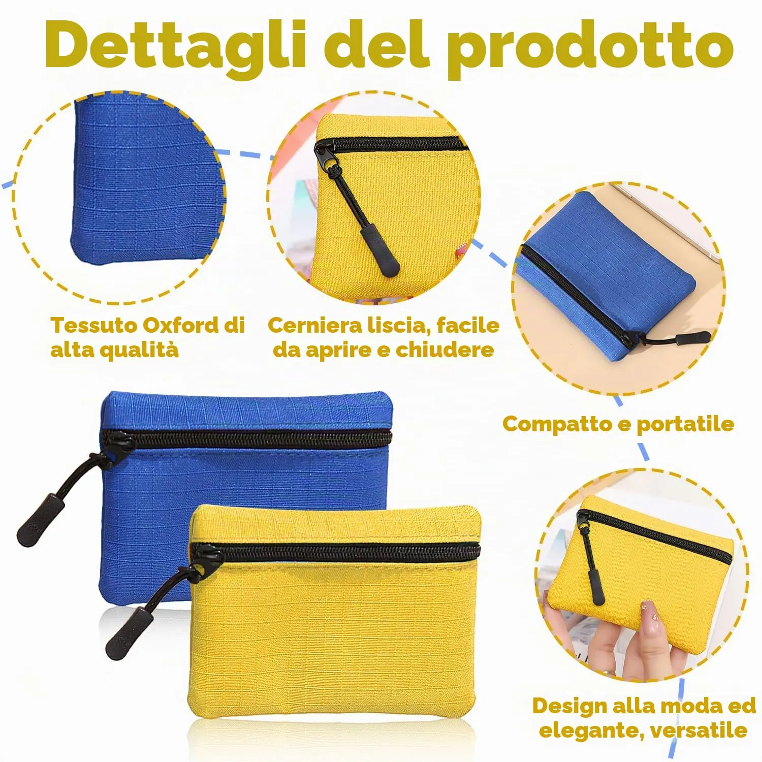 SUBTAVIK 2 Pezzi Portamonete con Cerniera Oxford Tessuto Piccolo per Donna Uomo Bambina Ragazzi - Mini Portatile (Giallo+Blu) - immagine 3