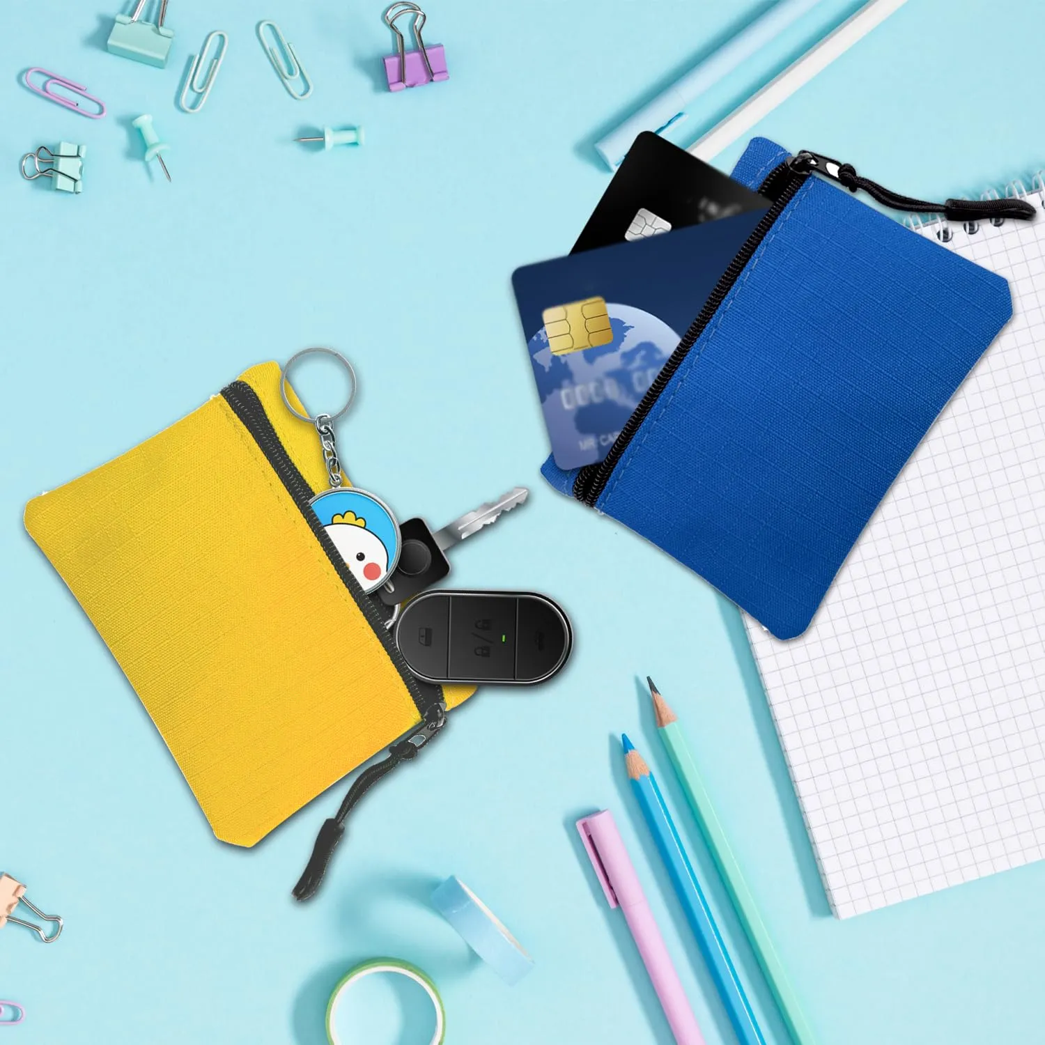 SUBTAVIK 2 Pezzi Portamonete con Cerniera Oxford Tessuto Piccolo per Donna Uomo Bambina Ragazzi - Mini Portatile (Giallo+Blu) - immagine 5