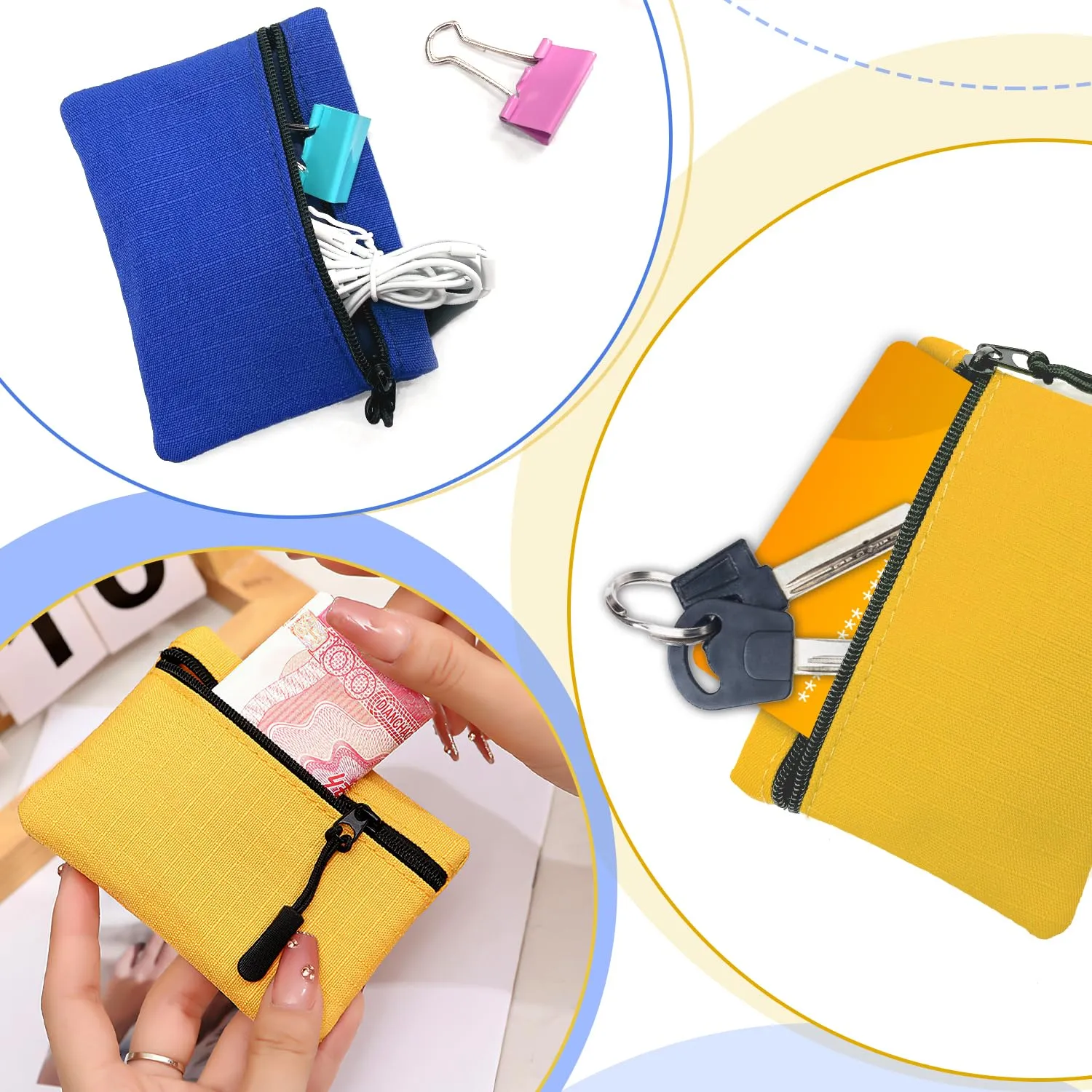 SUBTAVIK 2 Pezzi Portamonete con Cerniera Oxford Tessuto Piccolo per Donna Uomo Bambina Ragazzi - Mini Portatile (Giallo+Blu) - immagine 6