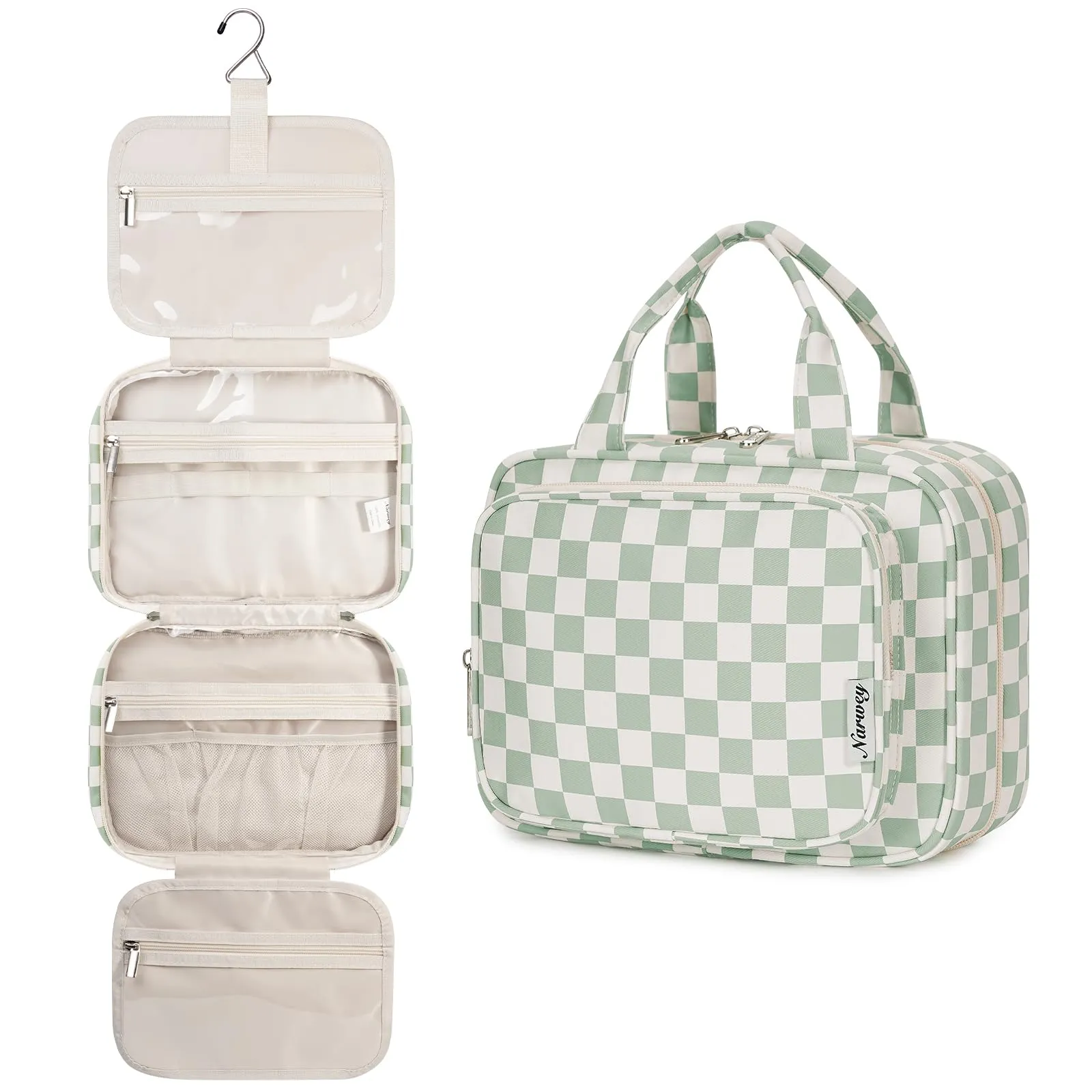 Narwey Beauty Case da Appendere Viaggio, Beauty Case da Appendere per Donna Uomo,Borsa da Toilette da Travel Kit Viaggio, Trousse Pochette Trucchi Donna per Viaggio (Scacchiere Verde Menta (Medio)) - immagine 1