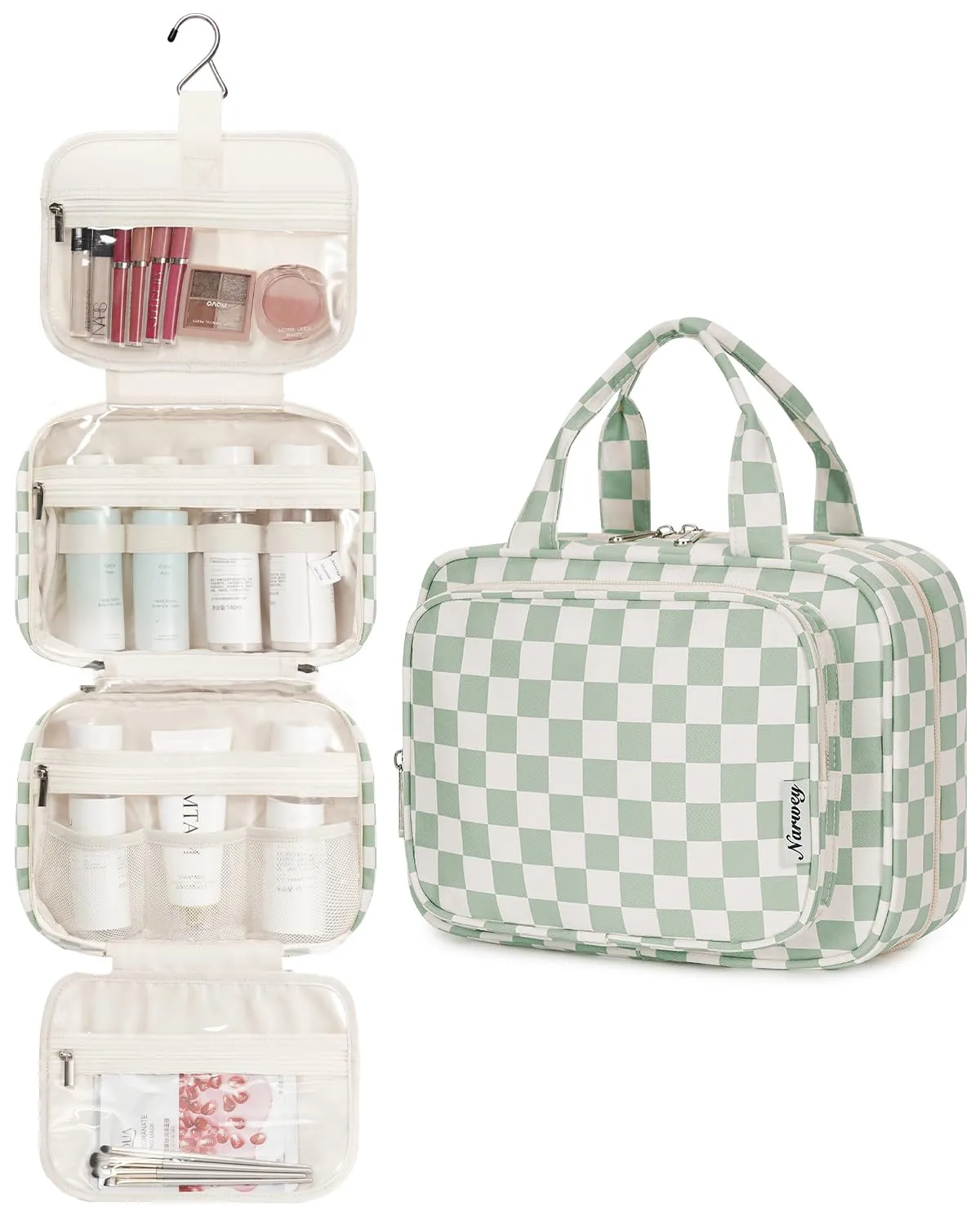 Narwey Beauty Case da Appendere Viaggio, Beauty Case da Appendere per Donna Uomo,Borsa da Toilette da Travel Kit Viaggio, Trousse Pochette Trucchi Donna per Viaggio (Scacchiere Verde Menta (Medio)) - immagine 2
