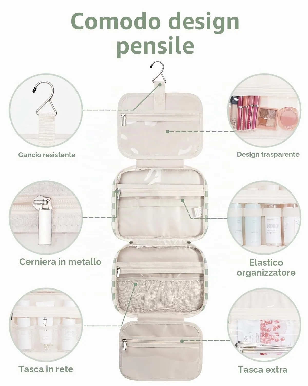 Narwey Beauty Case da Appendere Viaggio, Beauty Case da Appendere per Donna Uomo,Borsa da Toilette da Travel Kit Viaggio, Trousse Pochette Trucchi Donna per Viaggio (Scacchiere Verde Menta (Medio)) - immagine 4
