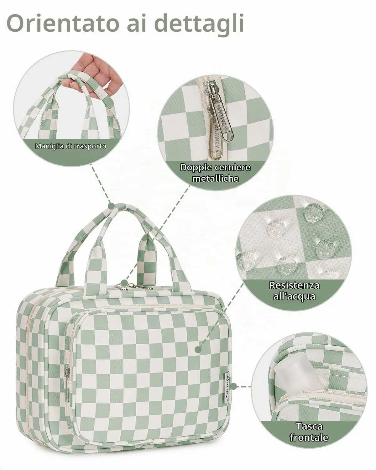 Narwey Beauty Case da Appendere Viaggio, Beauty Case da Appendere per Donna Uomo,Borsa da Toilette da Travel Kit Viaggio, Trousse Pochette Trucchi Donna per Viaggio (Scacchiere Verde Menta (Medio)) - immagine 7