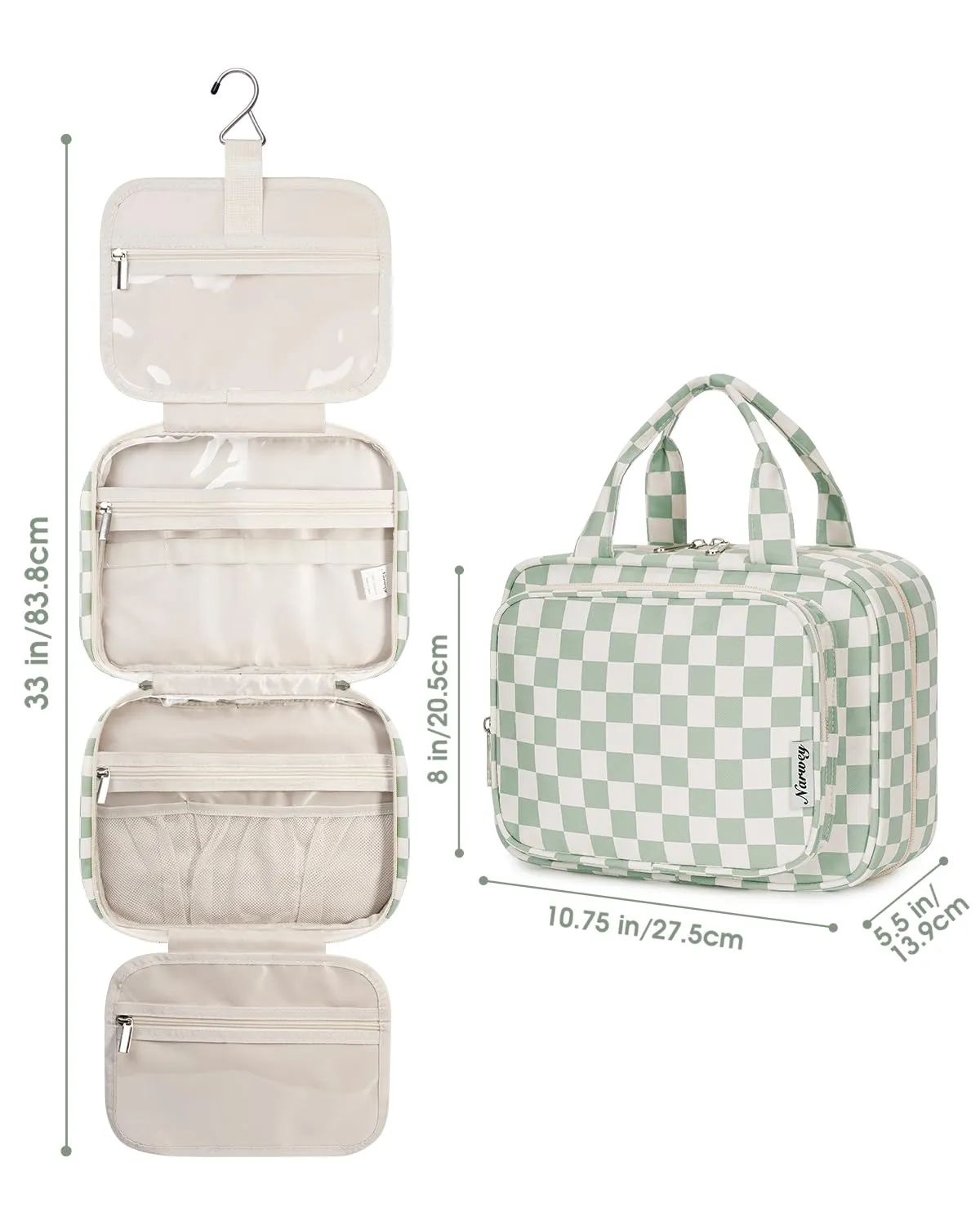 Narwey Beauty Case da Appendere Viaggio, Beauty Case da Appendere per Donna Uomo,Borsa da Toilette da Travel Kit Viaggio, Trousse Pochette Trucchi Donna per Viaggio (Scacchiere Verde Menta (Medio)) - immagine 8