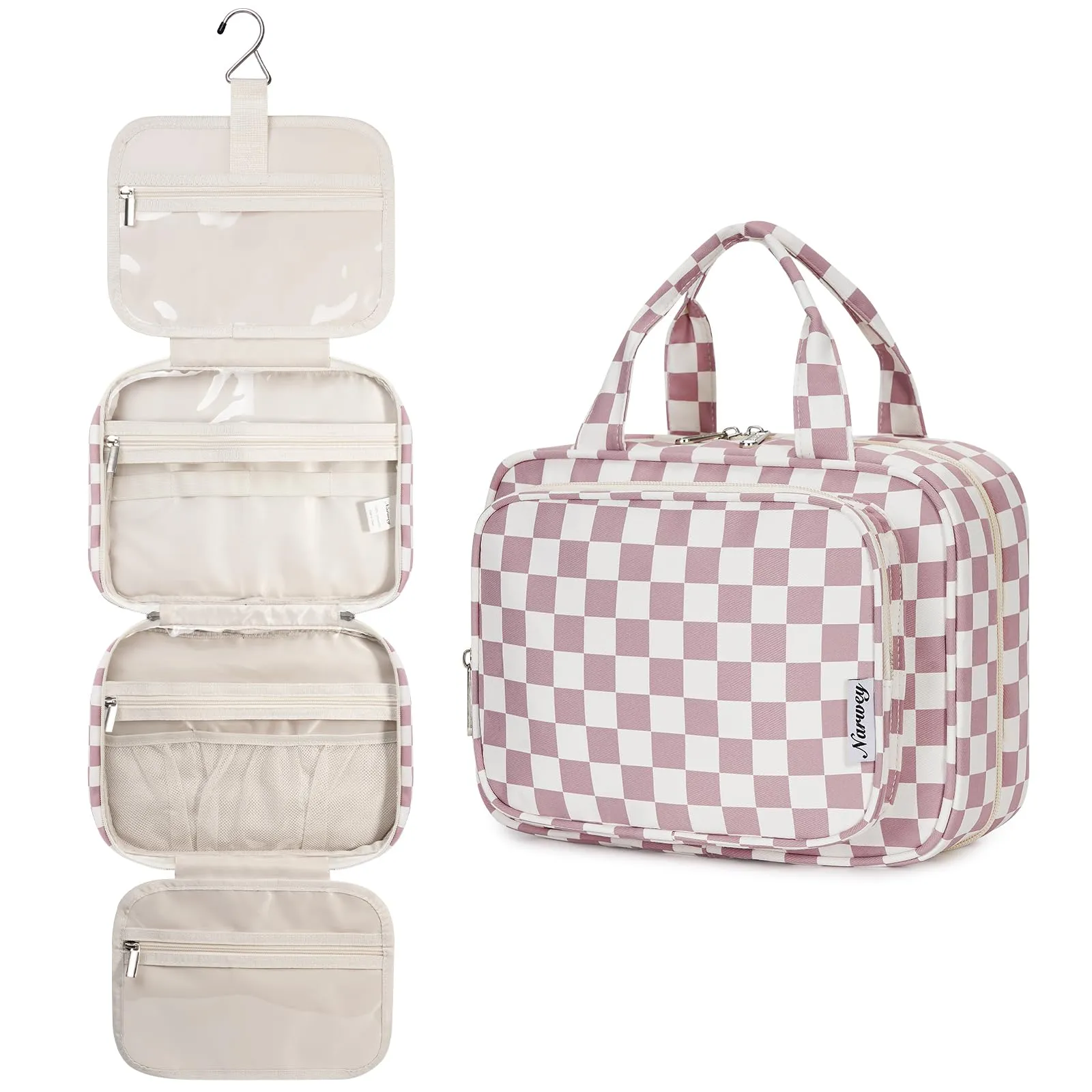 Narwey Beauty Case da Appendere Viaggio, Beauty Case da Appendere per Donna Uomo,Borsa da Toilette da Travel Kit Viaggio, Trousse Pochette Trucchi Donna per Viaggio (Scacchiere Rosa Polvere (Medio)) - immagine 1