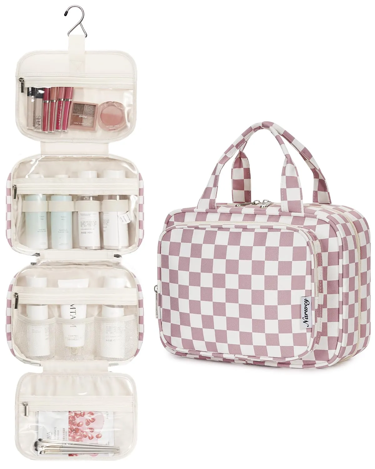 Narwey Beauty Case da Appendere Viaggio, Beauty Case da Appendere per Donna Uomo,Borsa da Toilette da Travel Kit Viaggio, Trousse Pochette Trucchi Donna per Viaggio (Scacchiere Rosa Polvere (Medio)) - immagine 2