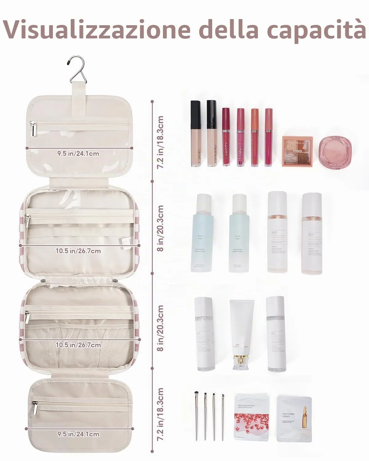 Narwey Beauty Case da Appendere Viaggio, Beauty Case da Appendere per Donna Uomo,Borsa da Toilette da Travel Kit Viaggio, Trousse Pochette Trucchi Donna per Viaggio (Scacchiere Rosa Polvere (Medio)) - immagine 3