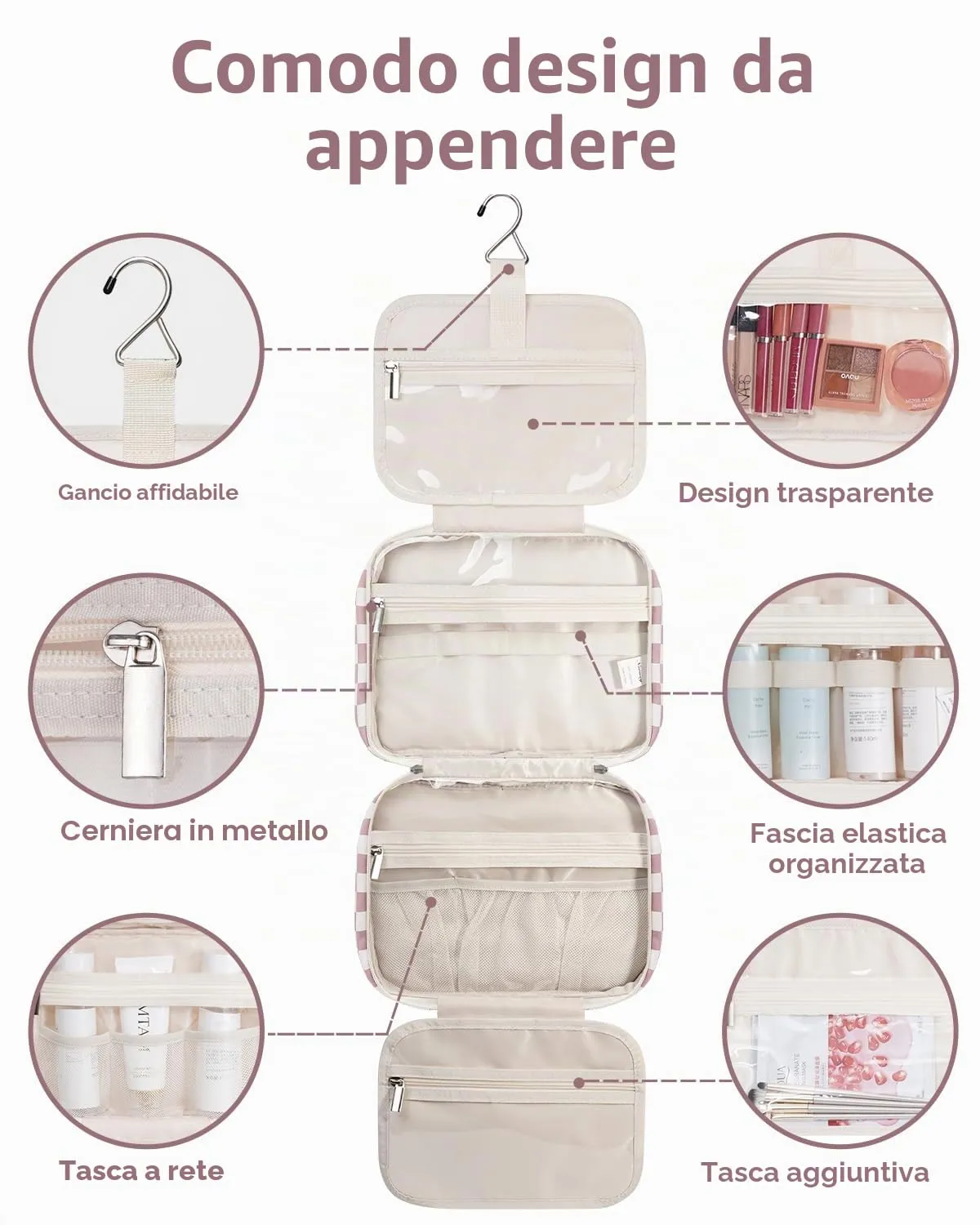 Narwey Beauty Case da Appendere Viaggio, Beauty Case da Appendere per Donna Uomo,Borsa da Toilette da Travel Kit Viaggio, Trousse Pochette Trucchi Donna per Viaggio (Scacchiere Rosa Polvere (Medio)) - immagine 4
