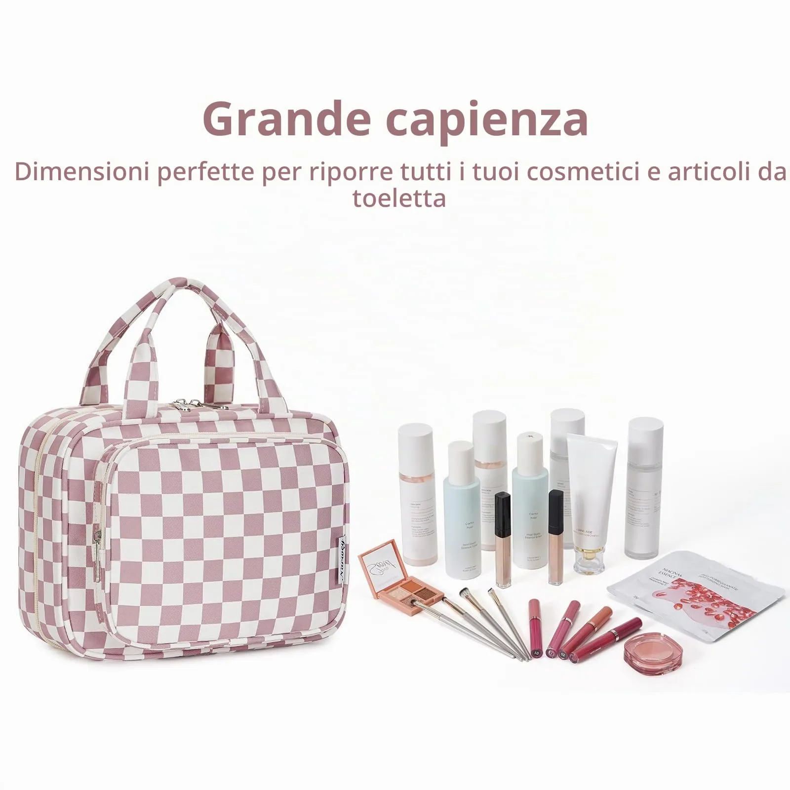 Narwey Beauty Case da Appendere Viaggio, Beauty Case da Appendere per Donna Uomo,Borsa da Toilette da Travel Kit Viaggio, Trousse Pochette Trucchi Donna per Viaggio (Scacchiere Rosa Polvere (Medio)) - immagine 6