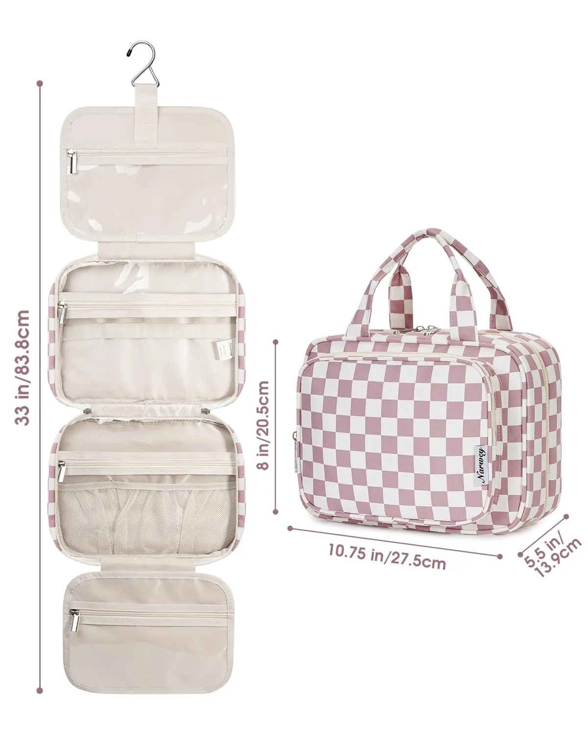 Narwey Beauty Case da Appendere Viaggio, Beauty Case da Appendere per Donna Uomo,Borsa da Toilette da Travel Kit Viaggio, Trousse Pochette Trucchi Donna per Viaggio (Scacchiere Rosa Polvere (Medio)) - immagine 8