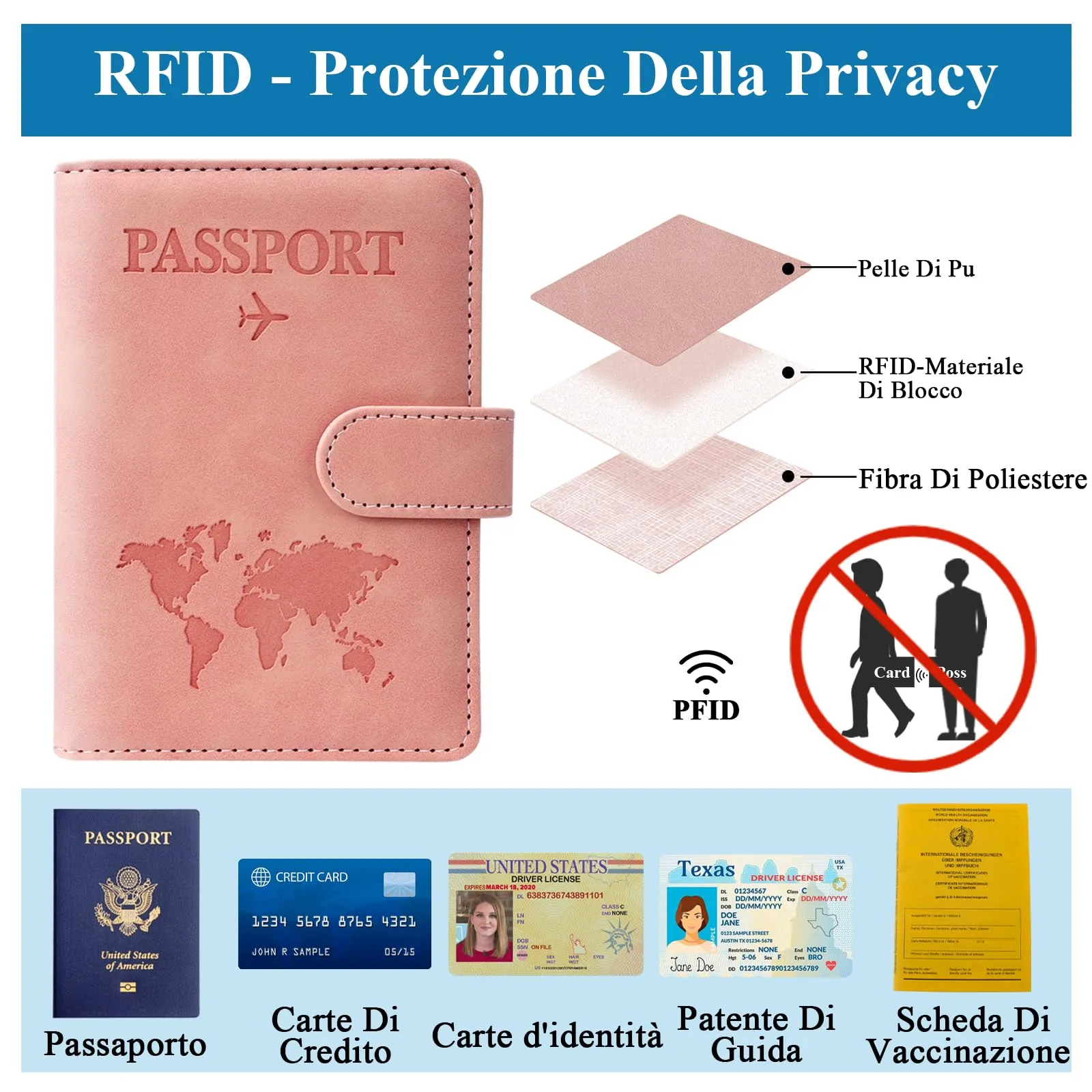GADITIEK Porta Passaporto e Etichetta Valigia Aereo, Pelle Pu Custodia Passaporto Italiano con Blocco RFID, Portapassassaporto Cover per Carte Di Credito, D'Identità e Documenti Di Viaggio (rosa) - immagine 3