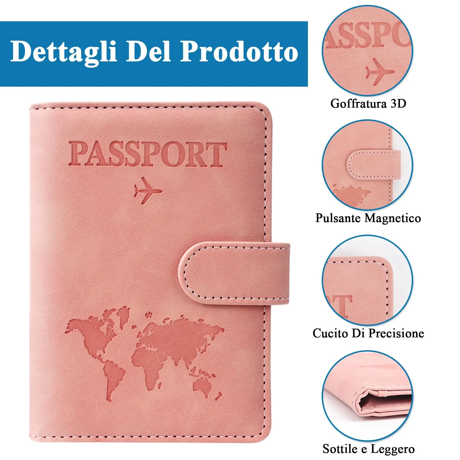 GADITIEK Porta Passaporto e Etichetta Valigia Aereo, Pelle Pu Custodia Passaporto Italiano con Blocco RFID, Portapassassaporto Cover per Carte Di Credito, D'Identità e Documenti Di Viaggio (rosa) - immagine 4