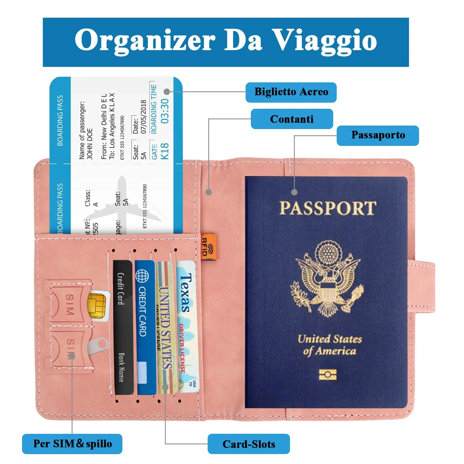 GADITIEK Porta Passaporto e Etichetta Valigia Aereo, Pelle Pu Custodia Passaporto Italiano con Blocco RFID, Portapassassaporto Cover per Carte Di Credito, D'Identità e Documenti Di Viaggio (rosa) - immagine 5